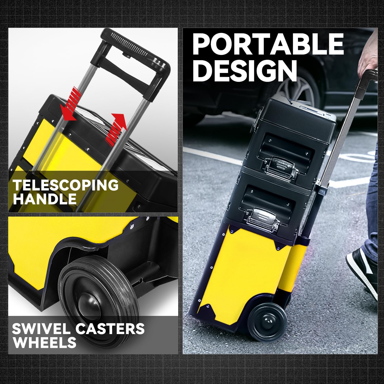 Auto Dynasty 3-Tier Stackable Tool Box, 19.5 Inch 3-in-1 Rolling Tool Box with Wheels, Portable Steel and Plastic Rolling Upright Trolley Toolbox Organizer for Garage Workshop, 3-Piece Set, Yellow