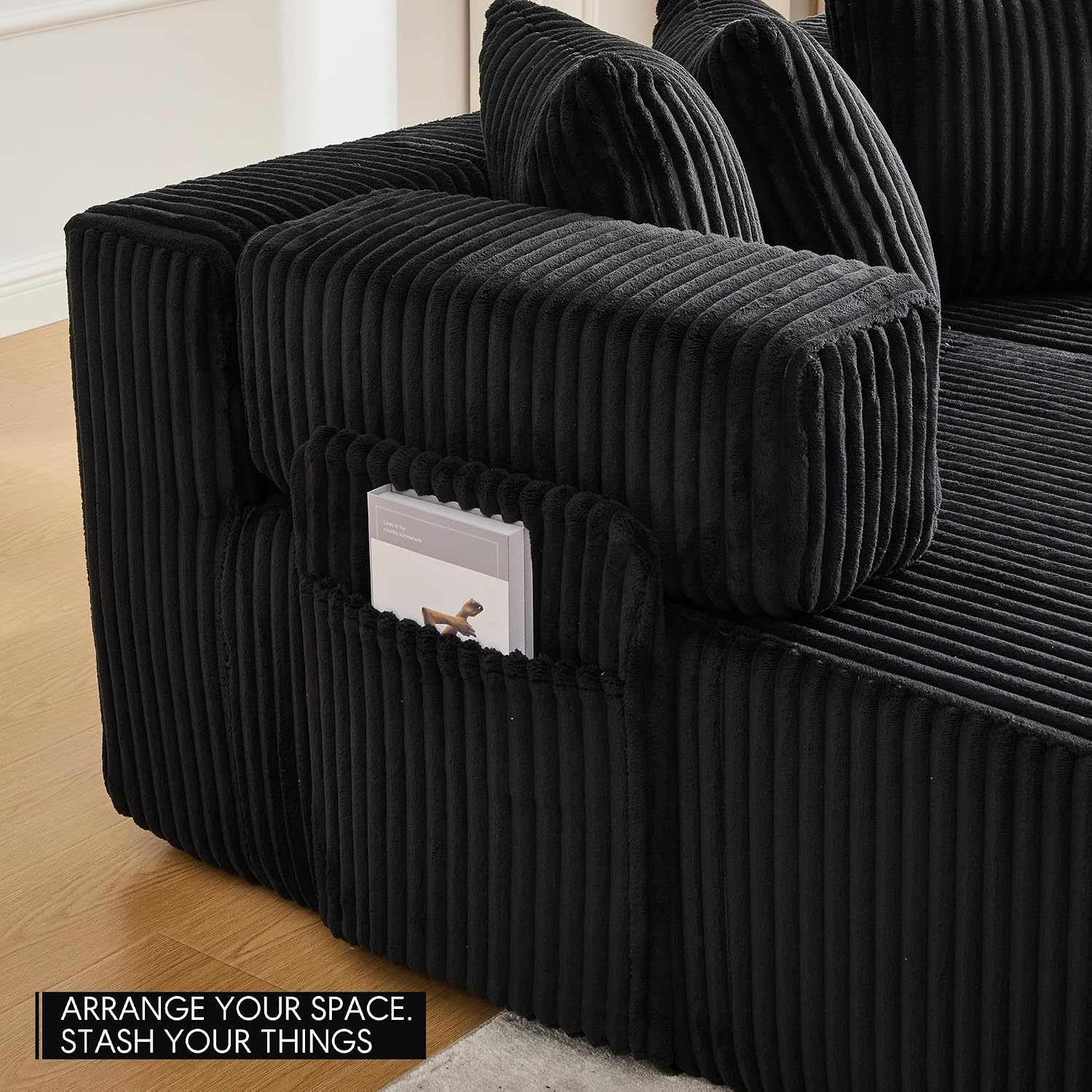 Oversized Cloud Boneless Couch with Chaise, 146' Modern U Shape Modular Deep Seat Sectional Sofa, Comfy Corduroy Upholstered Couches for Living Room, No Assembly Required-Black