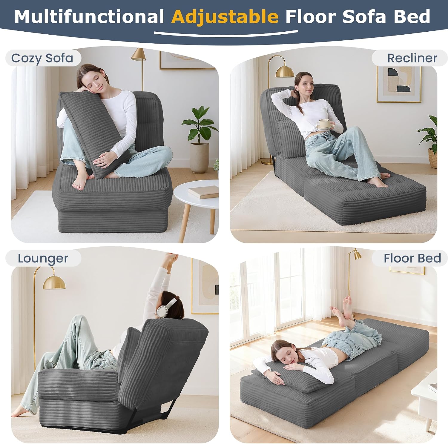 Single Convertible Sofa Bed with Fixed Frame & Thickened Cushion, Boneless Couch Folding Chair Bed with 5-Position Adjustable Backrest, Pull-Out Futon with Pillow for Small Spaces, Apartment,Grey