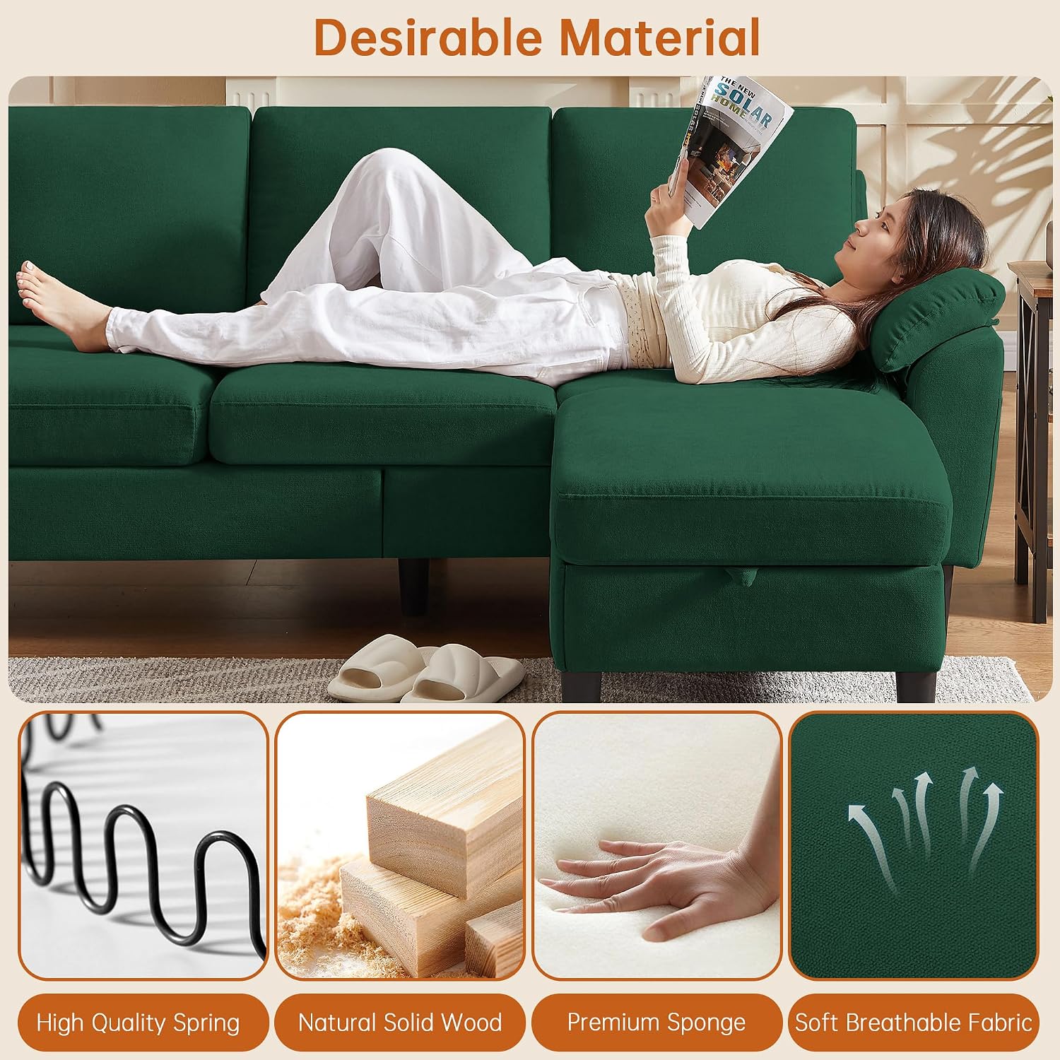 79' Convertible Sectional Sofa, Modern L Shaped 3 Seat Couch with Reversible Ottoman, Small Sectional Couches for Living Room, Apartment (Green)