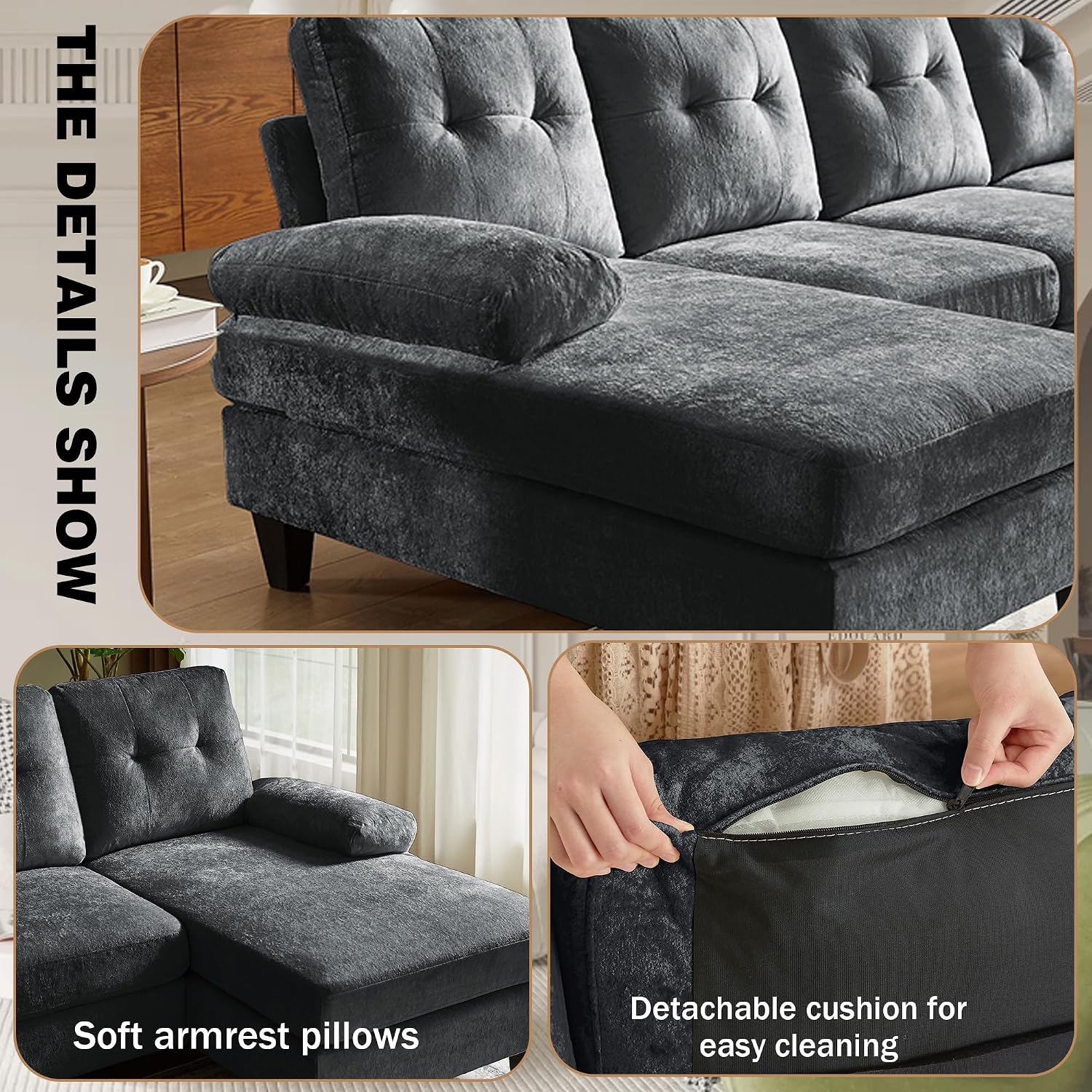 Sectional Couch for Living Room, Modern Polyester Fibre U Shaped Sofa Couches with Double Chaise, Upholstered 4 Seater Sofa for Living Room, Apartment, Office, Black