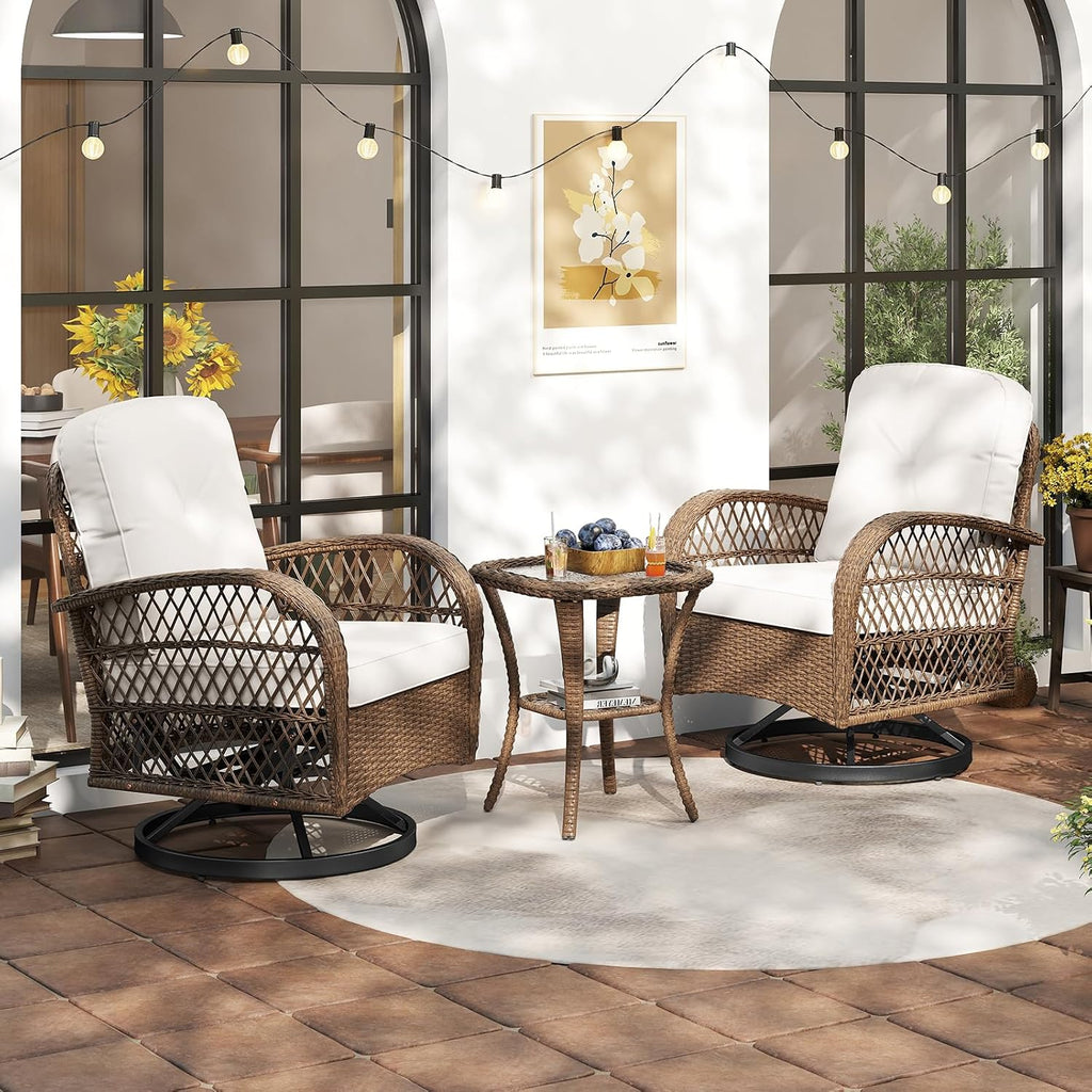 ORALNER 3 Pieces Wicker 360° Swivel Rocker Set Patio Furniture, Rocking Chairs with Cushions, Tempered Glass Coffee Table, Outdoor Rattan Bistro Set for Balcony Front Porch Deck Poolside (White)