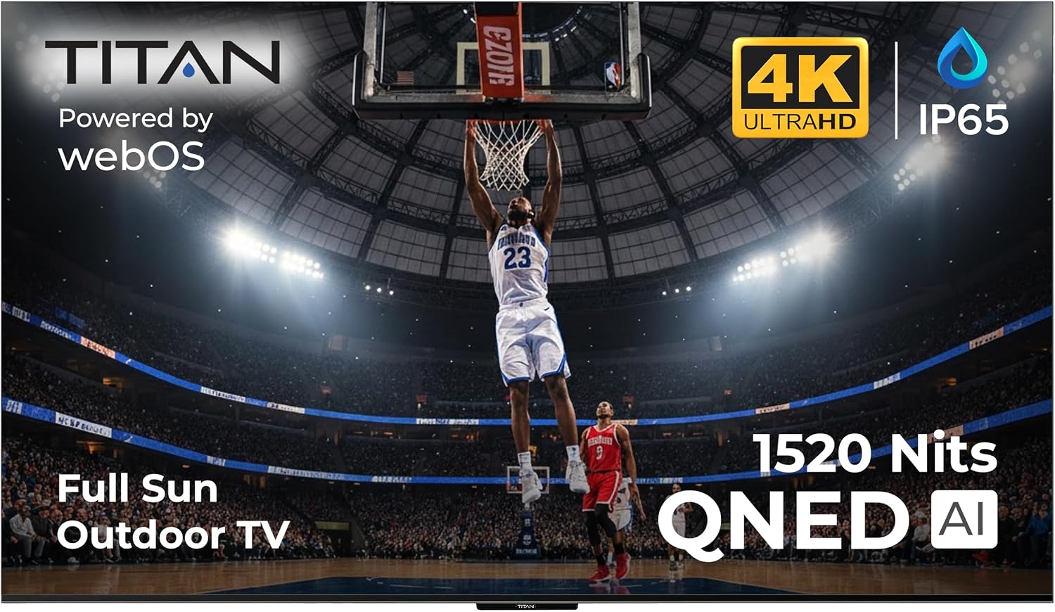 Titan L300 Mini-LED QNED 86 Inch Outdoor TV, Full Sun, IP65 Smart Weatherproof TV, 4K HDR, 120 Hz, Web AI OS, 1500 Nits, Wi-Fi 6E, Dolby Vision, Outdoor TV Cover, Slim Bezel, 2 Yr Wty