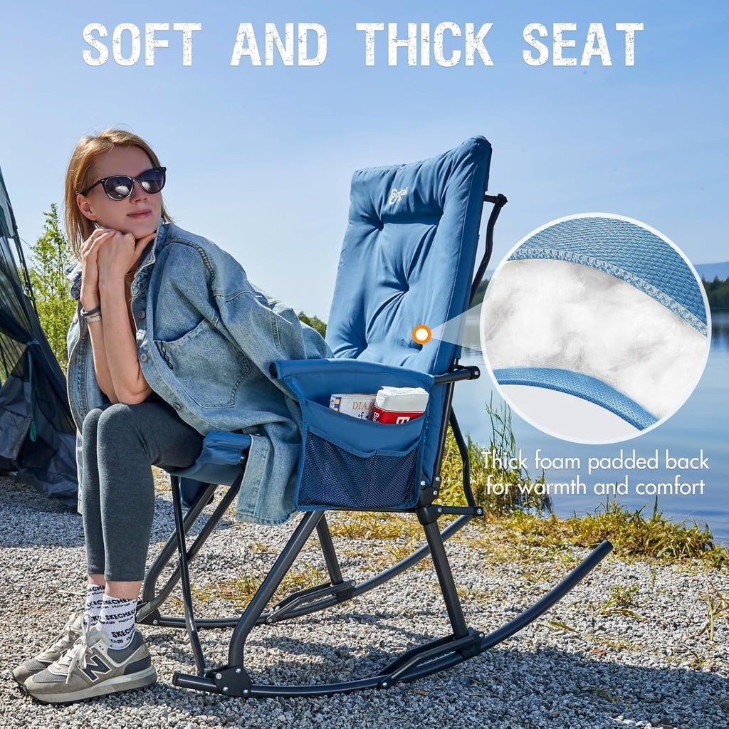 Portal Folding Rocking Camping Chair Outdoor - Thick Padded Rocking Recliner Chair Portable Camping Rocker for Patio Front Porch Backyard Lawn Living Room, Supports 400 LBS