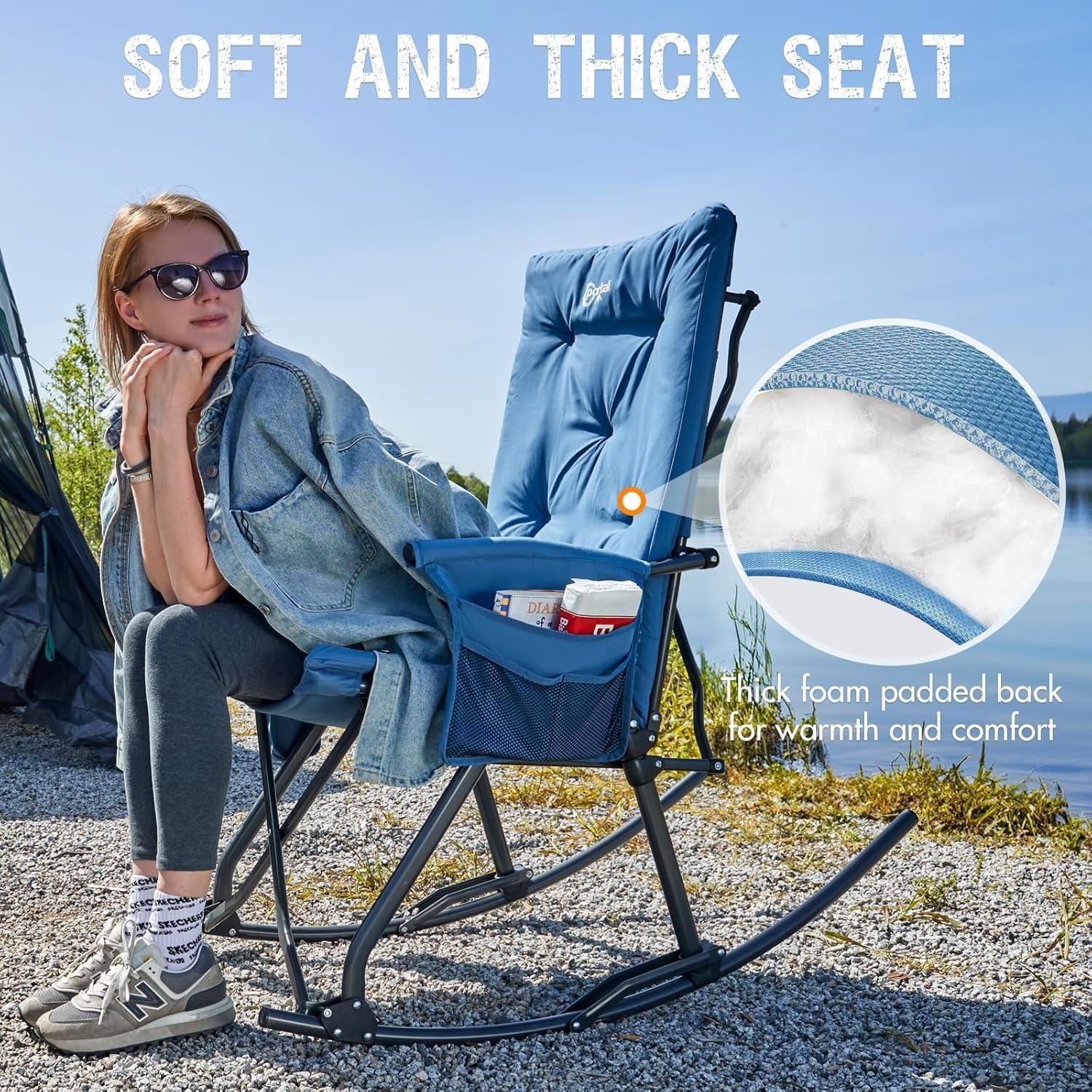 Portal Folding Rocking Camping Chair Outdoor - Thick Padded Rocking Recliner Chair Portable Camping Rocker for Patio Front Porch Backyard Lawn Living Room, Supports 400 LBS