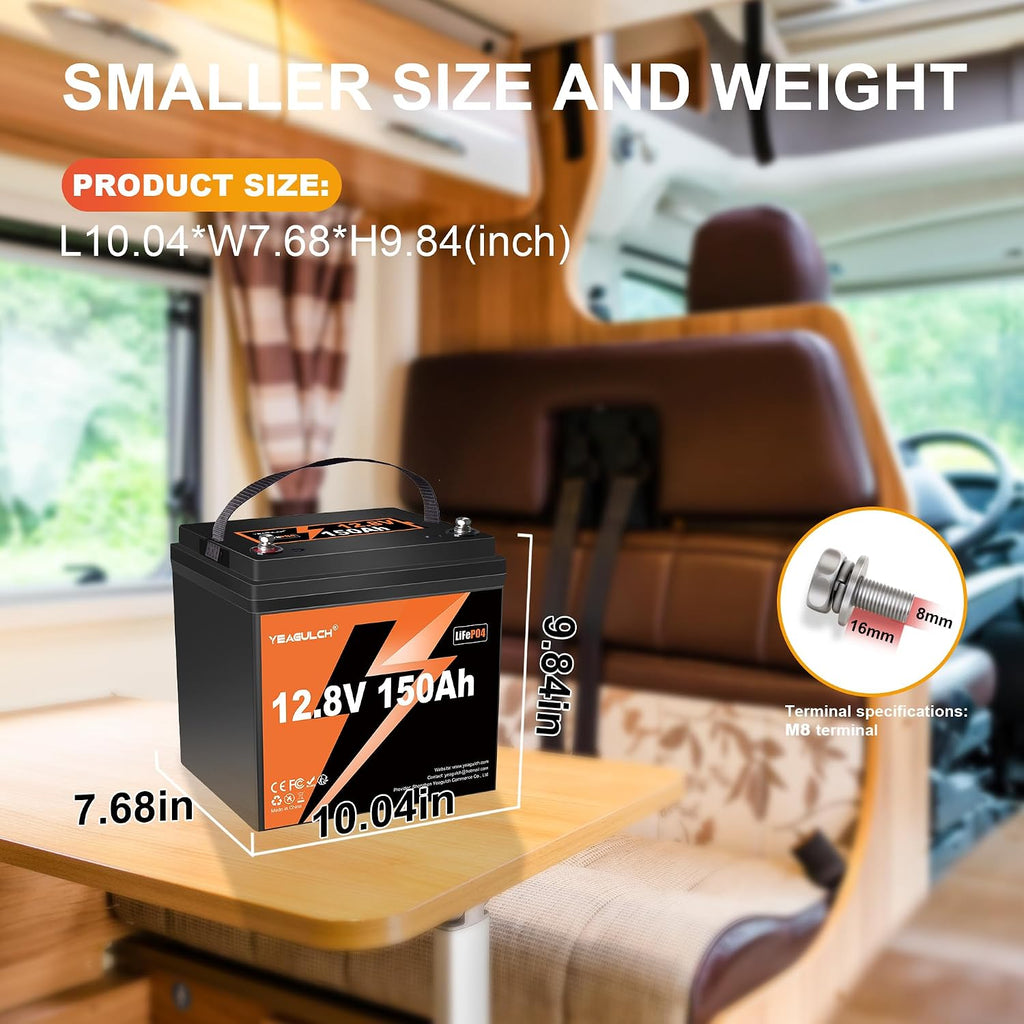 2PCS 12.8V 150Ah Max LiFePO4 Lithium Battery Built-in 100A BMS 1905Wh Energy 15000+ Rechargeable Deep Cycle Lithium Iron Phosphate Battery for RV, Marine, Solar, Backup Power