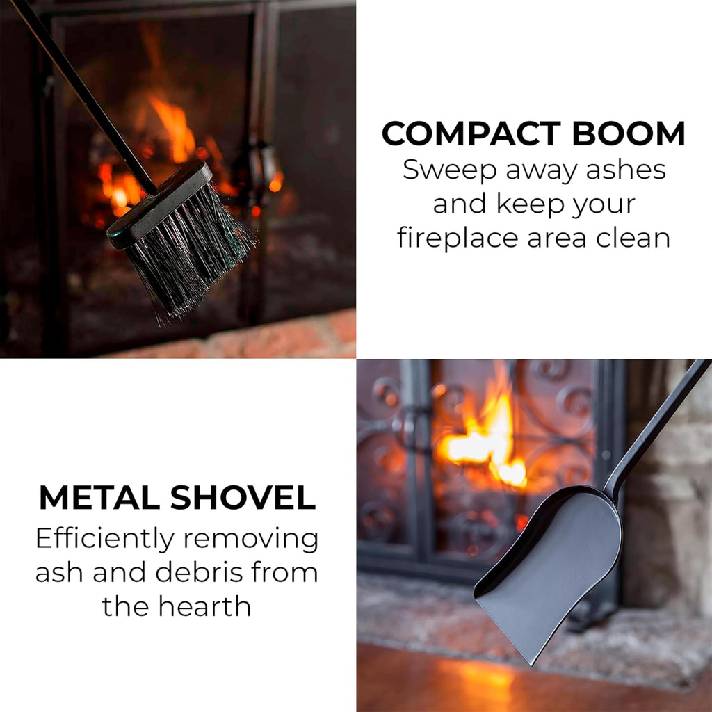 Plow & Hearth 5 Piece Hand Forged Iron Compact Fireplace Tool Set 27.5' | Black Wrought Iron Handle for Outdoor Indoor | Stand Poker Shovel Brush Log Tongs Wood Stove Accessory