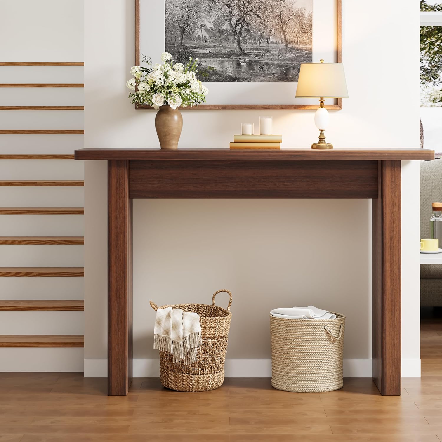 AVZEAR Mid Century Narrow Entryway Console Table, 43.3' Fluted Wood Couch Table Behind Sofa Long and Skinny for Living Room Hallway Entrance Foyer, Walnut