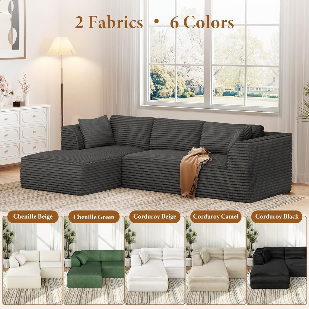 Vesgantti 106' Boneless Couch with Chaise, Deep Seat Comfy Cloud Modular Sofa Corduroy Memory Foam Sectional Couches for Living Room Bedroom, No Assembly Required (Grey, Left-Facing Chaise)