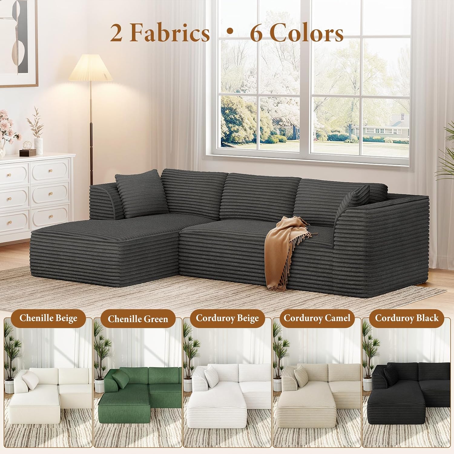 Vesgantti 106' Boneless Couch with Chaise, Deep Seat Comfy Cloud Modular Sofa Corduroy Memory Foam Sectional Couches for Living Room Bedroom, No Assembly Required (Grey, Left-Facing Chaise)