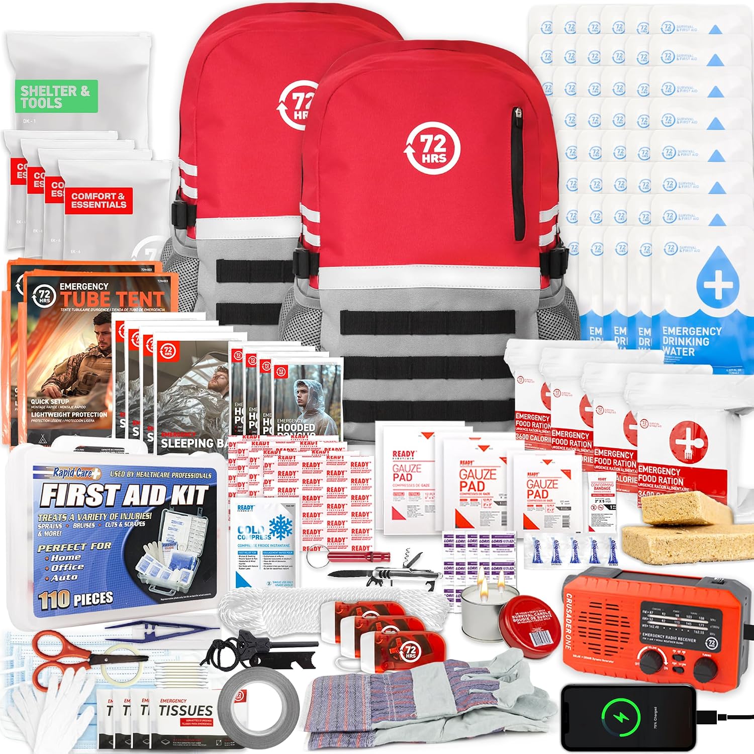 72 HRS Deluxe Emergency Survival Kit - Heavy Duty 72 Hour Bag Survival Kit for Earthquake, Hurricane, Tsunami, Winter, Blackout - Includes Emergency First Aid Kit, Water, Food