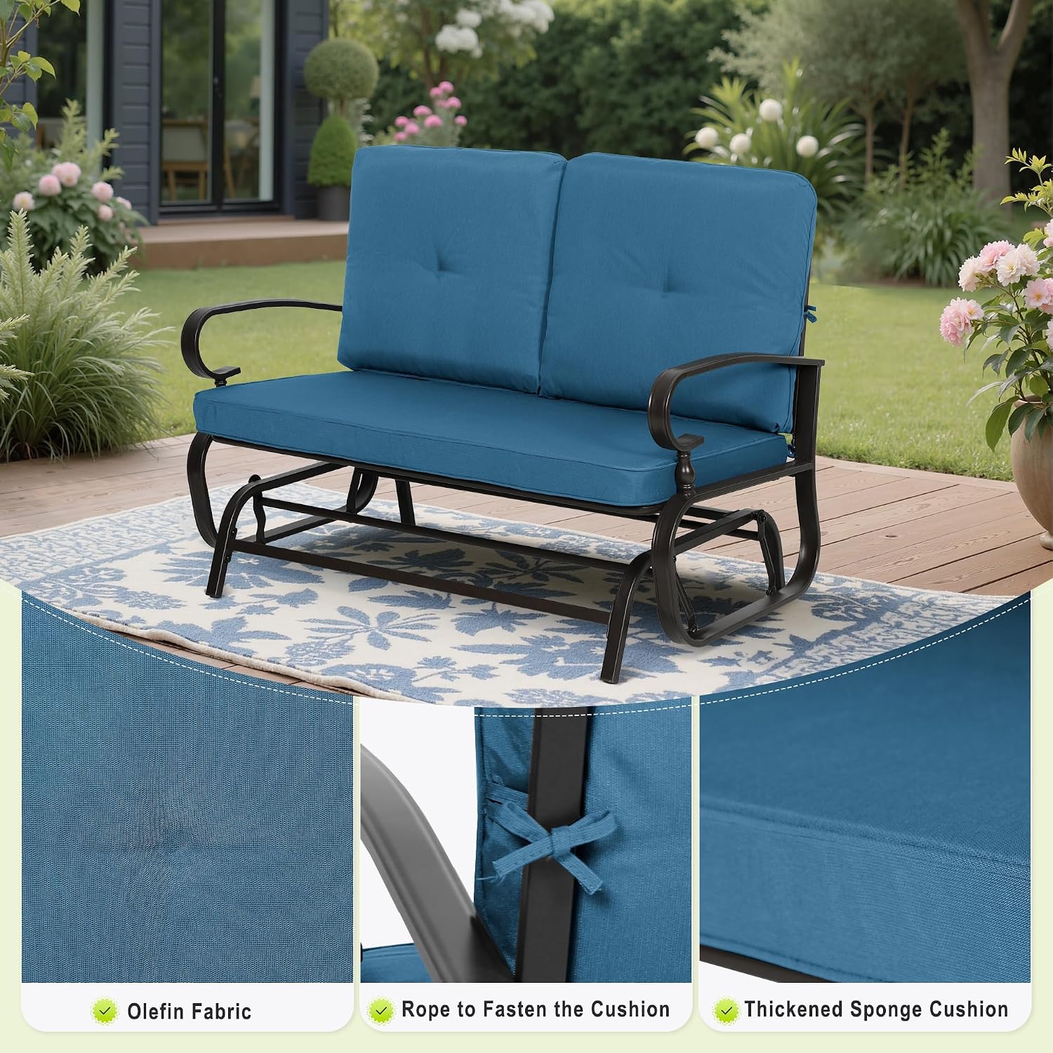 SUNCROWN Outdoor Swing Glider Chair, Patio 2 Seats Loveseat Rocking Chair with Cushions, Steel Frame Furniture - Peacock Blue