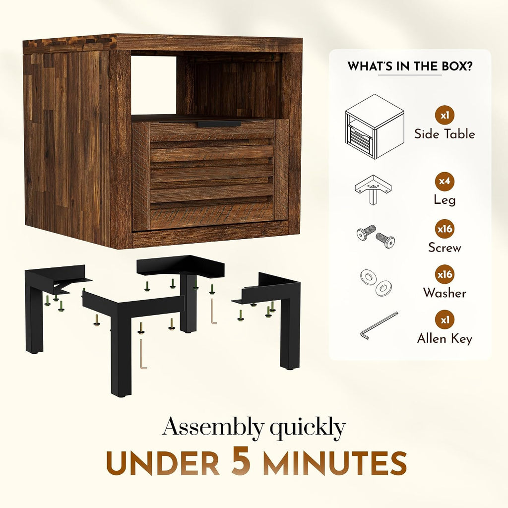 Bme Millie Solid Acacia Wood Rustic Nightstand with Drawers & Open Shelf, Pre-Assembled Industrial Modern Side Table for Living Room, Bedroom