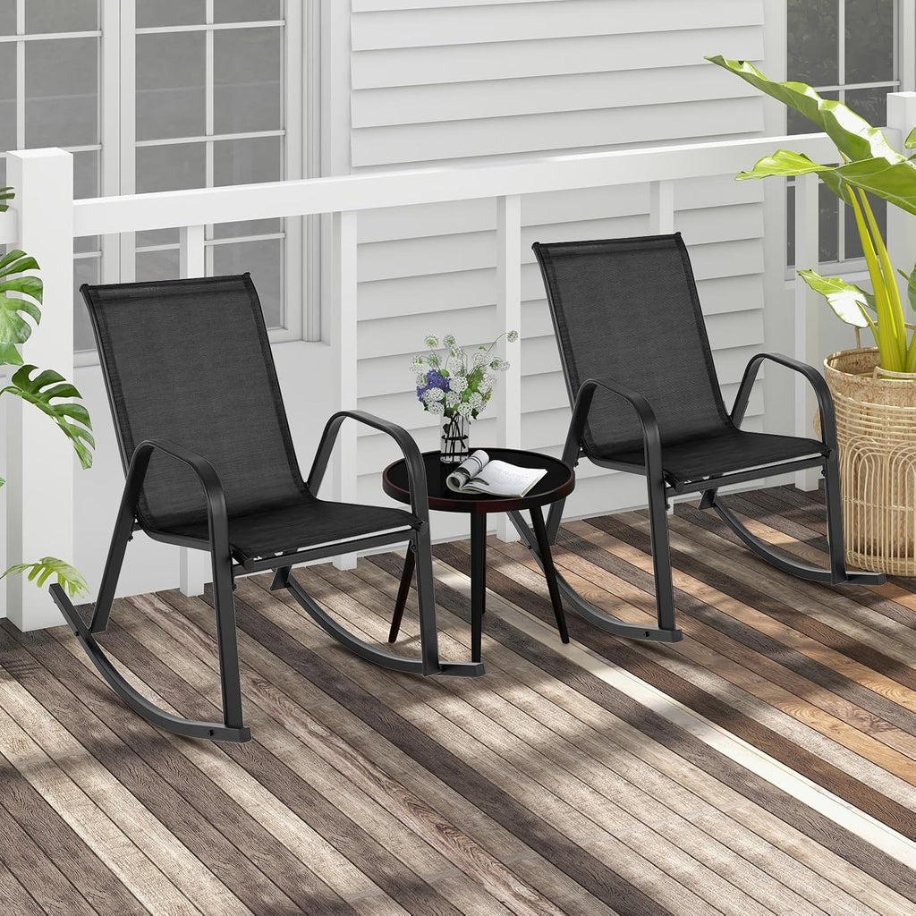 Giantex Outdoor Rocking Chairs Set of 2, Patio Rocking Chairs w/Breathable Seat & Back, Heavy-Duty Metal Support, Ergonomic Outside Rocker for Backyard, Poolside, Garden (2, Black)