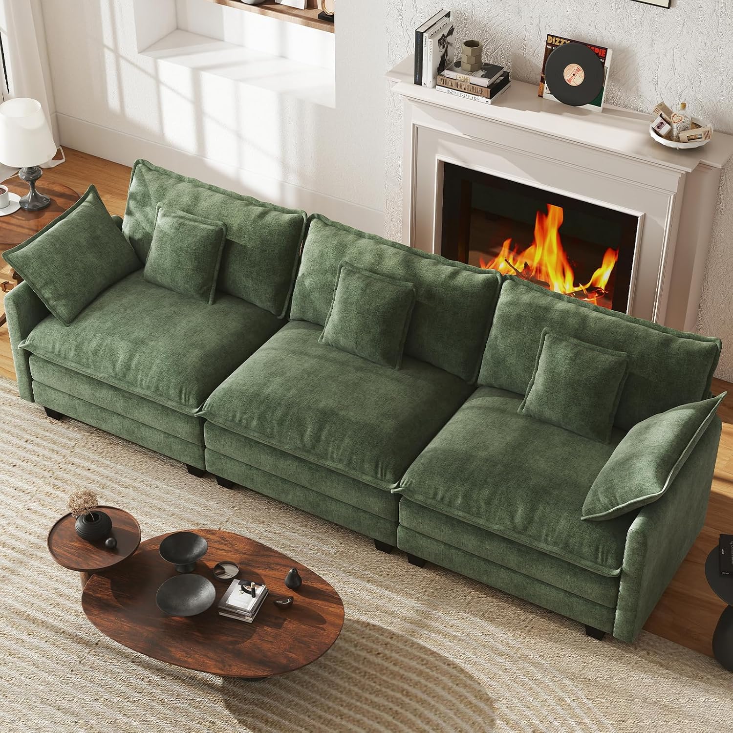 WorthFurni 111.4' Cloud Couch, Modular Sectional Sofa, Comfy Modern 3-Seater Couches with Pillows & Upholstered Deep Seat Cushion for Living Room Apartment Bedroom (Green)