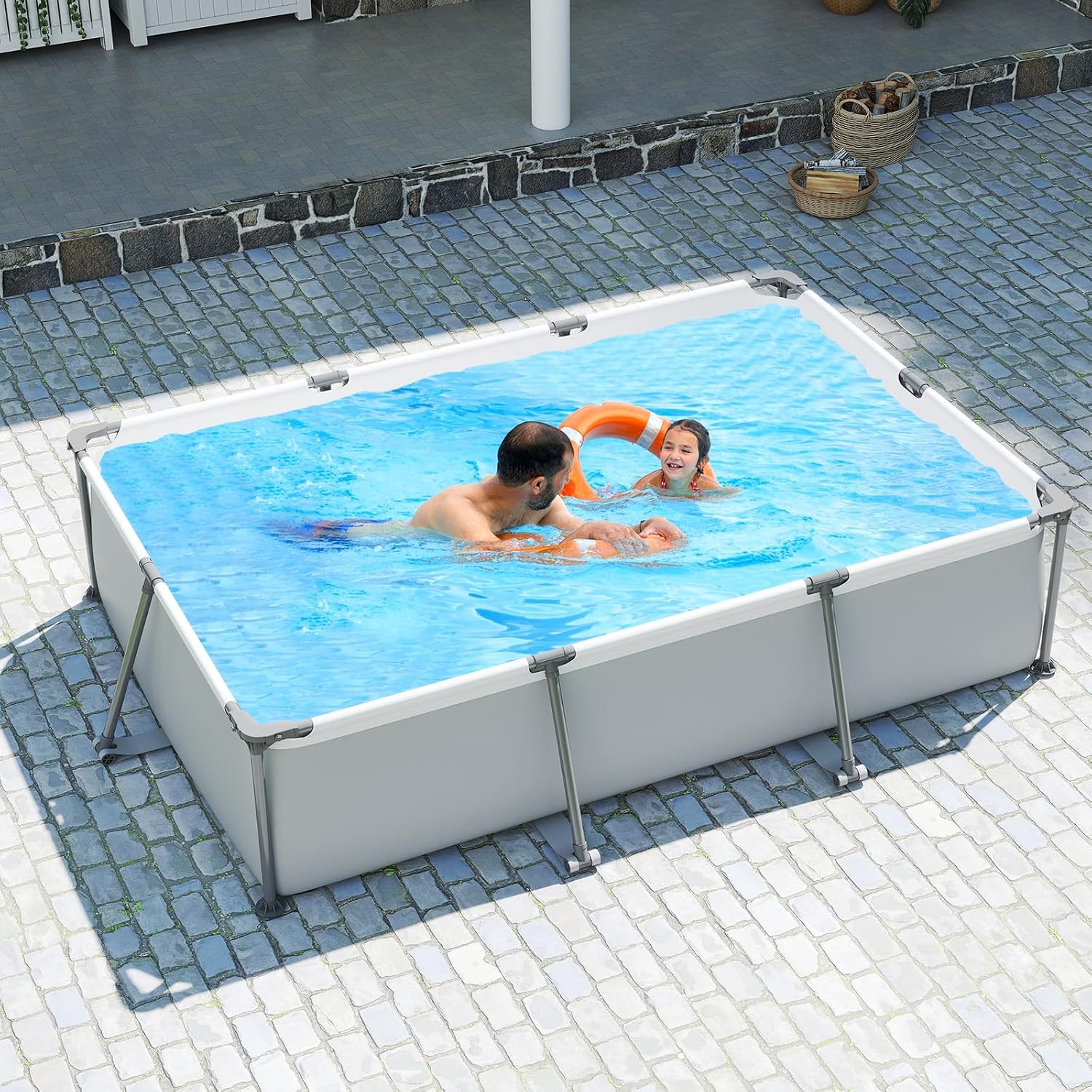 Moccha 10' x 6.8' Rectangle Above Ground Pool, Metal Frame Family Pool Set with PVC Fabric, 3 Stoppers, Drainage Valve Connector, Outdoor Backyard Swimming Pool, 978 Gallons of Water