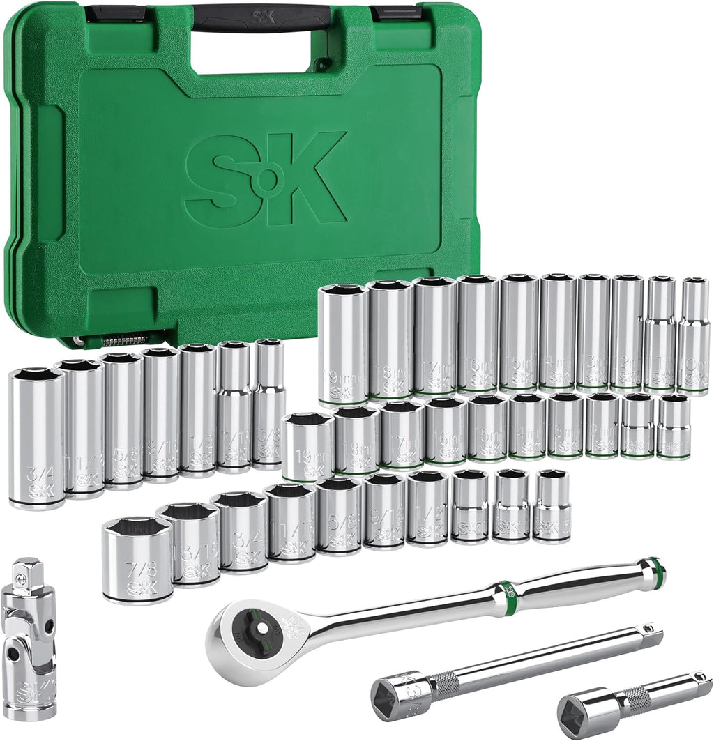 SK 3/8' Drive Socket Set with 216-P Quick-Release Ratchet, 41-Piece, SAE & Metric, SuperKrome Finish, Premium CR-V Construction, with Storage Suitcase