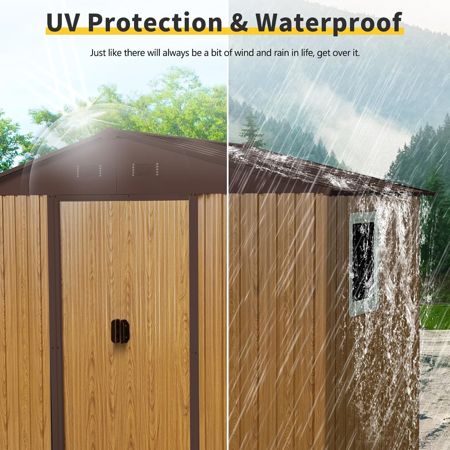 8 X 4 FT Outdoor Storage Shed Large Metal Utility Tool Sheds with Floor Frame and Window Vertical Outside Storage Building with Sliding Door for Backyard Garden Patio Lawn, Coffee