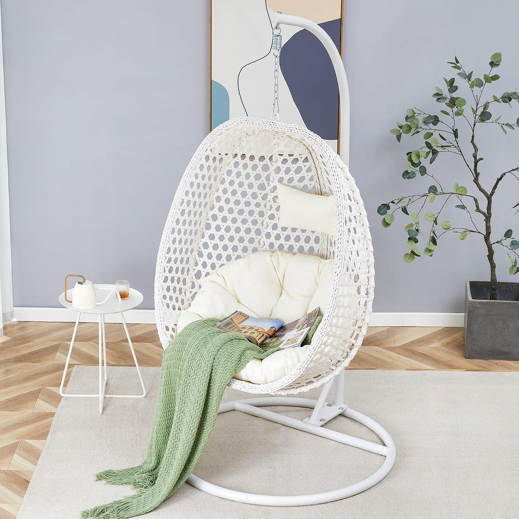 Egg Chair Indoor Outdoor - Hanging Swing Chair for Bedroom, Patio, Balcony & Backyard - Heavy Duty 350LBS - White