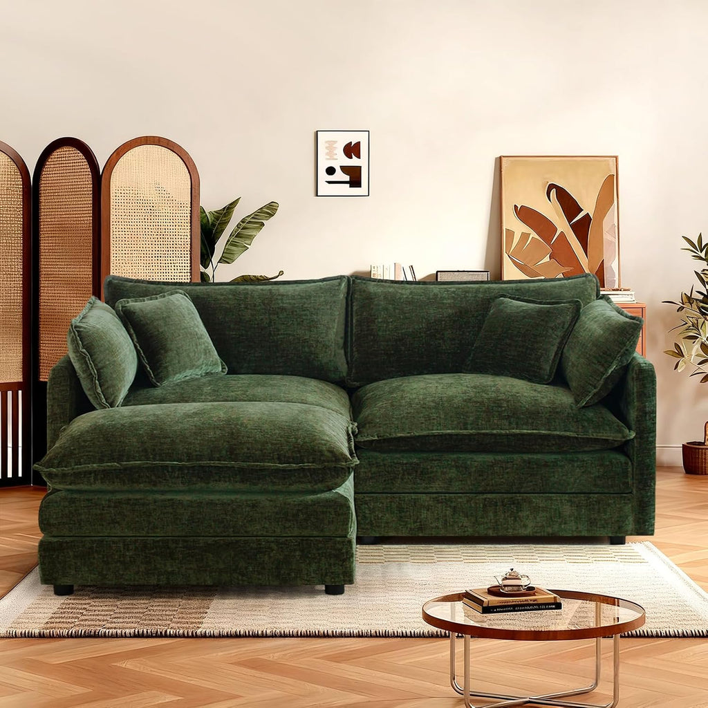 SoarFlash Chenille Sectional Sofa, Comfy L Shaped Modular Coush Sofa with Ottoman, Modern 2 Seat Couch Deep Seat Sofa Set for Living Room,Green