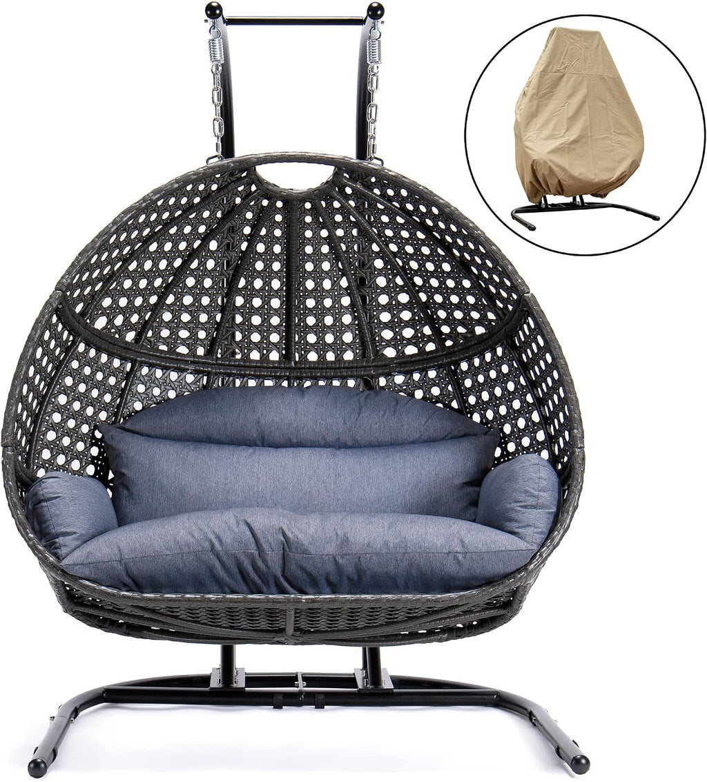 Qwork 2-Person Hanging Egg Chair with Stand, Wicker Rattan Hanging Swing Chair, Hammock Swing Chair UV Resistant Cushion with Stand for Indoor Bedroom Outdoor Garden Backyard