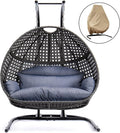Qwork 2-Person Hanging Egg Chair with Stand, Wicker Rattan Hanging Swing Chair, Hammock Swing Chair UV Resistant Cushion with Stand for Indoor Bedroom Outdoor Garden Backyard