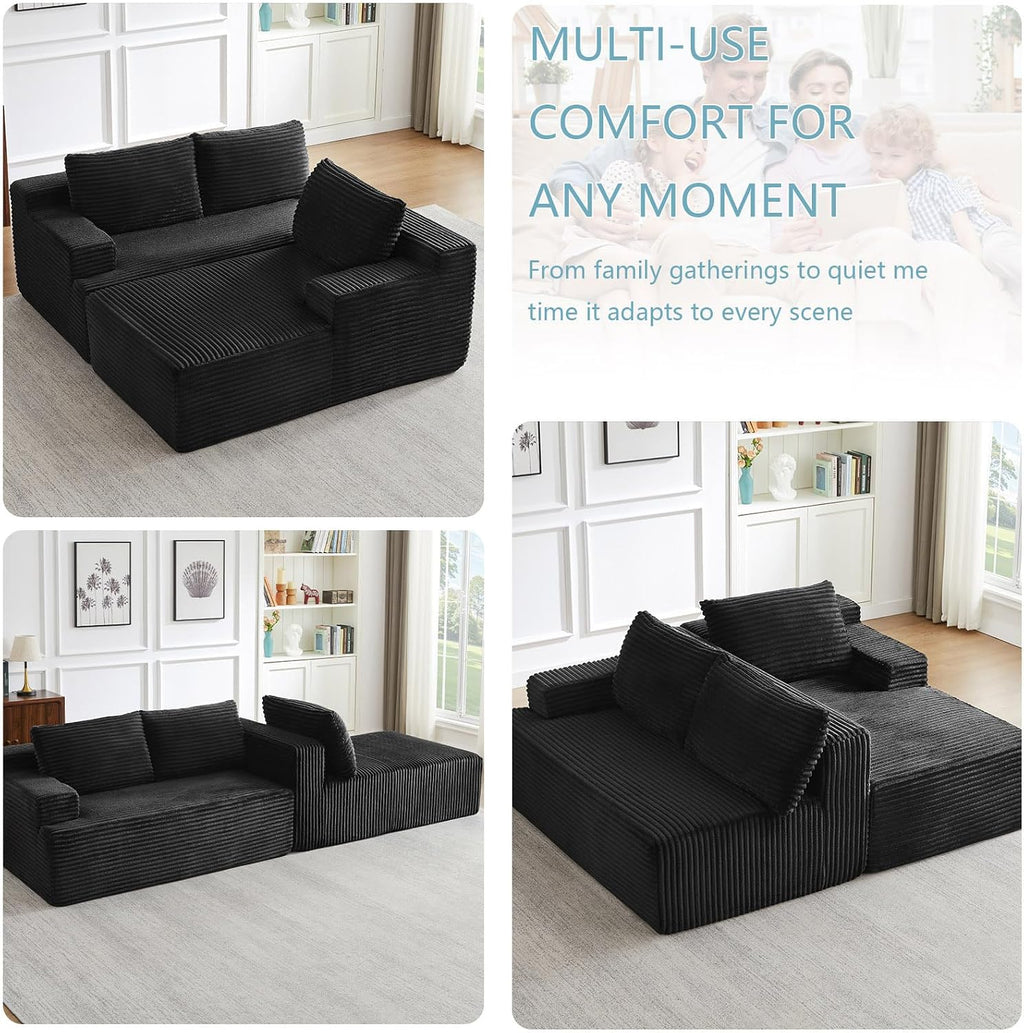 96' Cloud Sectional Couch with L-Shape Chaise, Modern Corduroy Boneless Couch for Living Room,Memory Foam Sofa with Deep Seat,No Assembly Required (Black,Right-Facing Chaise)