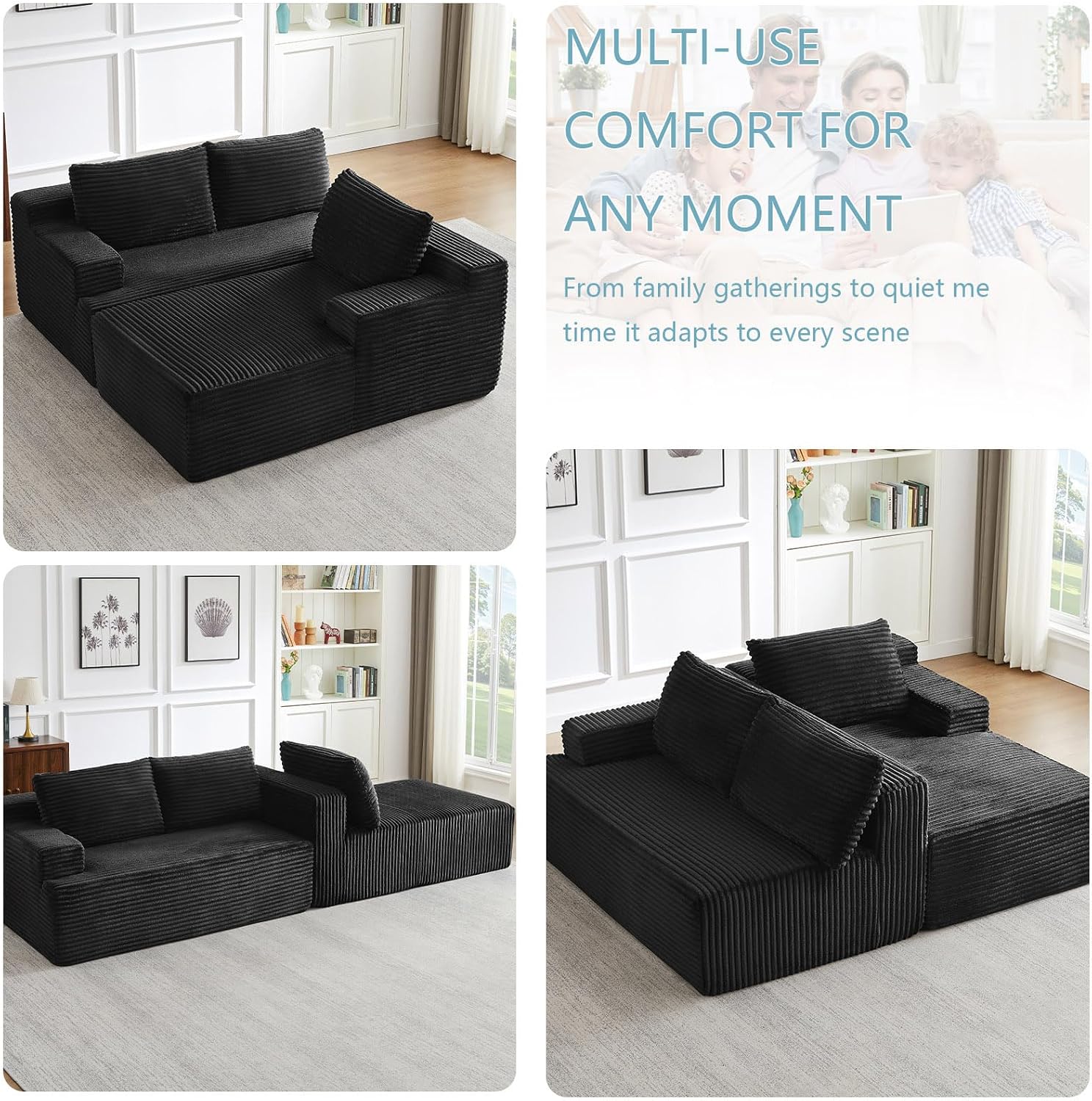 96' Cloud Sectional Couch with L-Shape Chaise, Modern Corduroy Boneless Couch for Living Room,Memory Foam Sofa with Deep Seat,No Assembly Required (Black,Right-Facing Chaise)