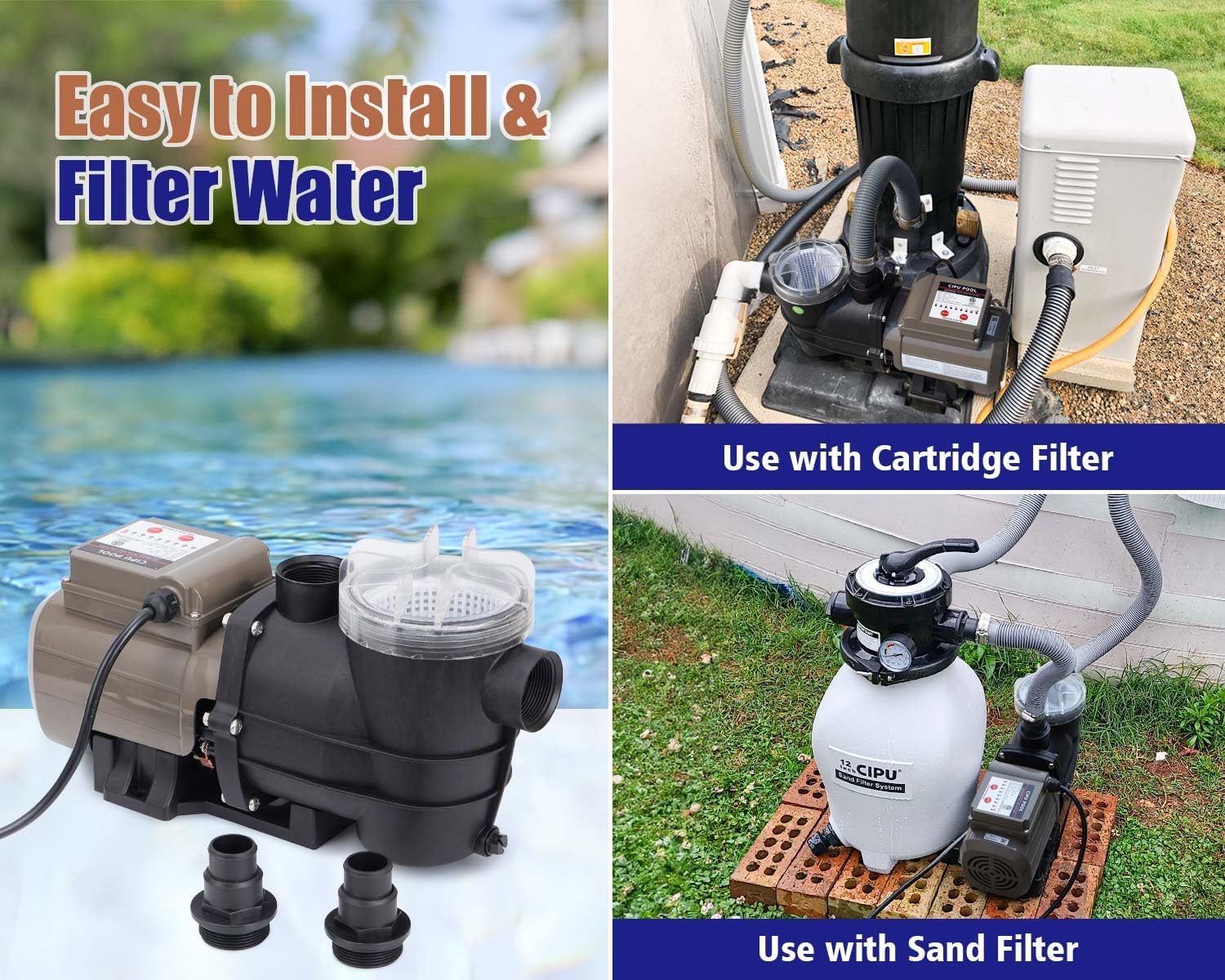 CIPU 0.35HP Pool Pump with Timer 2700GPH 115V Powerful Self Priming Above Ground Swimming Pool Pump with Filter Basket Low Noise for Pools Hot Tub Spa Water Circulation