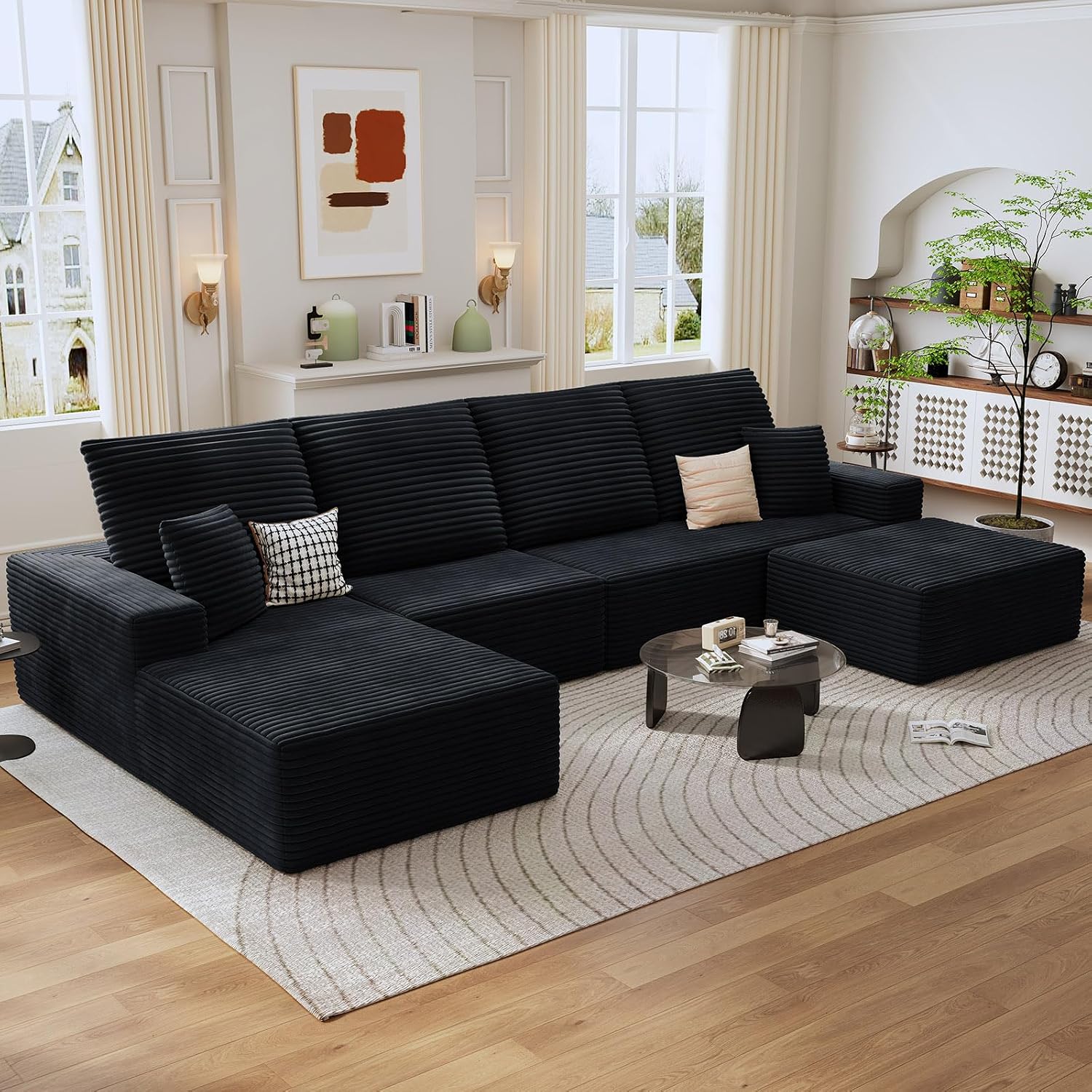 135' Cloud Sectional Couch with U-Shaped Chaise, Corduroy Sectional Sofa with Ottoman, Boneless Couch with Deep Seat in a Box for Living Room, No Assembly Required (Black, Left Facing Chaise)