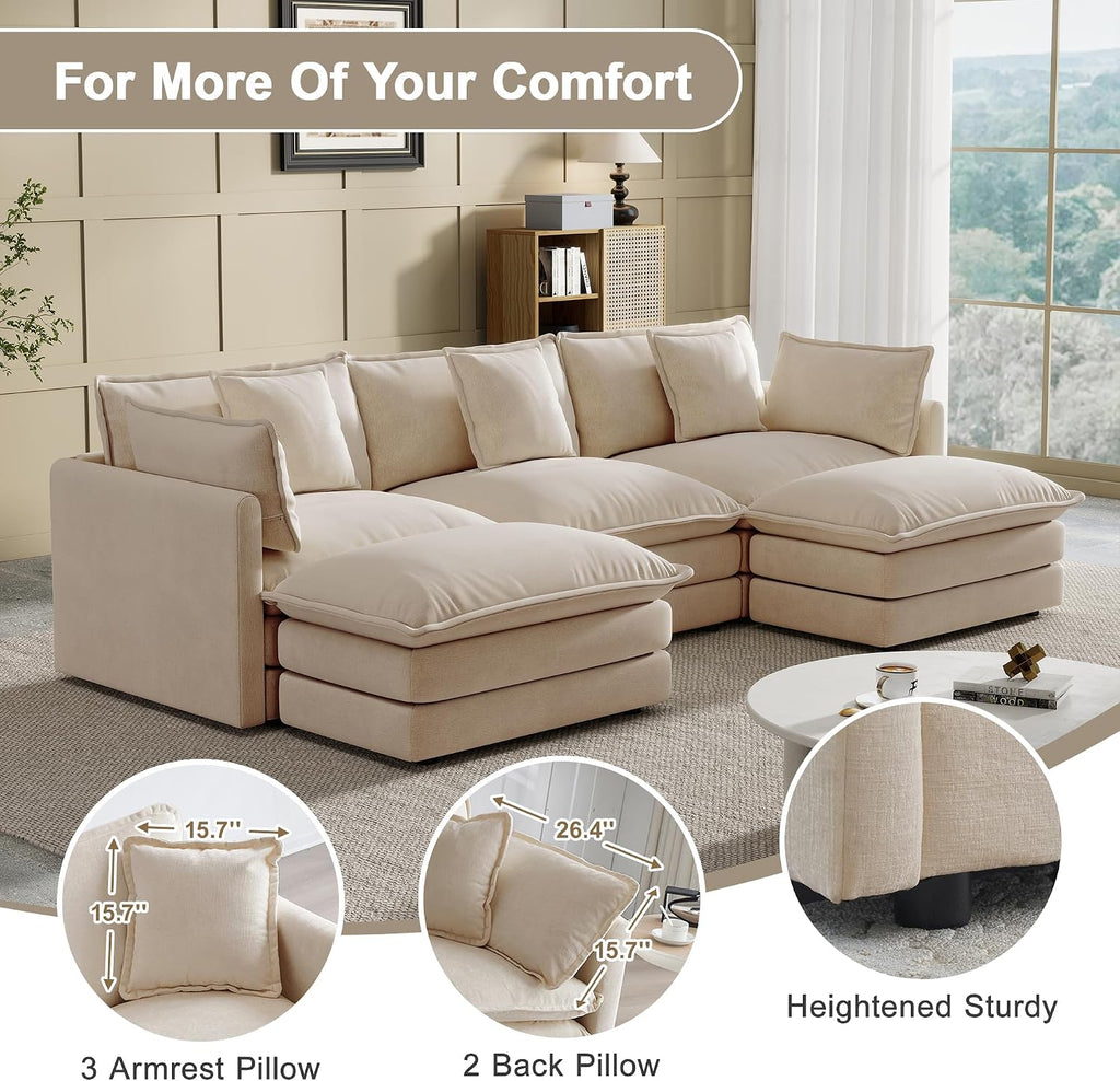 Modular Sectional Sofa, 111.5 Inch U-Shaped Cloud Sofa with Deep Seat Chenille Sofa with Cushions, Three-Self Sectional Sofa for Living Room Apartment,Light Coffee