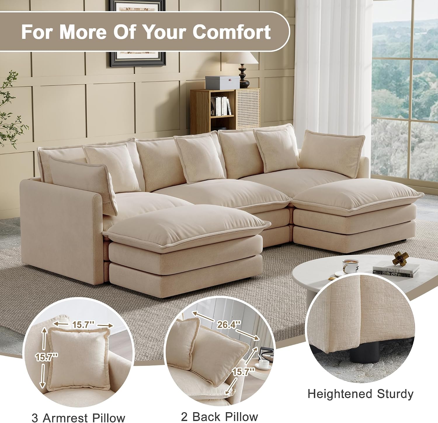 Modular Sectional Sofa, 111.5 Inch U-Shaped Cloud Sofa with Deep Seat Chenille Sofa with Cushions, Three-Self Sectional Sofa for Living Room Apartment,Light Coffee