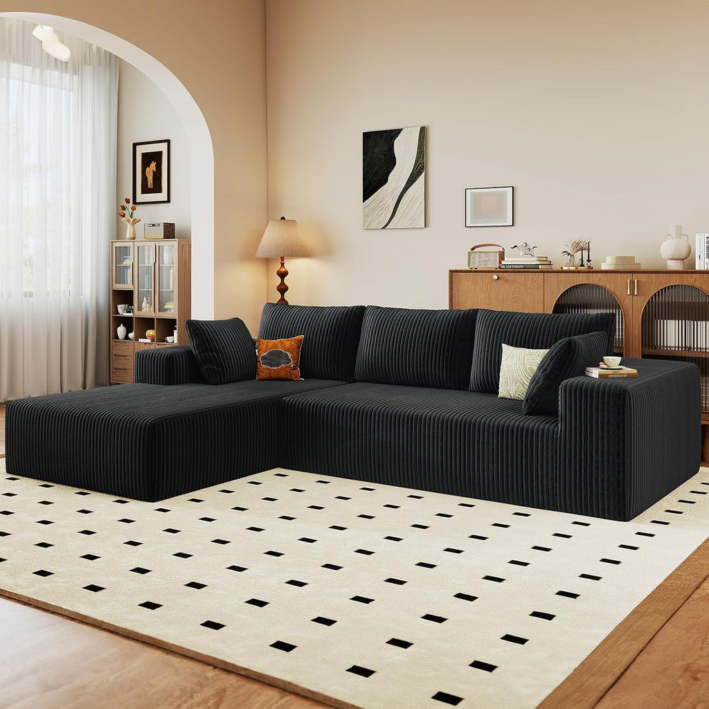 96' Cloud Sectional Couch with L-Shape Chaise, Modern Corduroy Boneless Couch for Living Room,Memory Foam Sofa with Deep Seat,No Assembly Required (Black,Left-Facing Chaise)