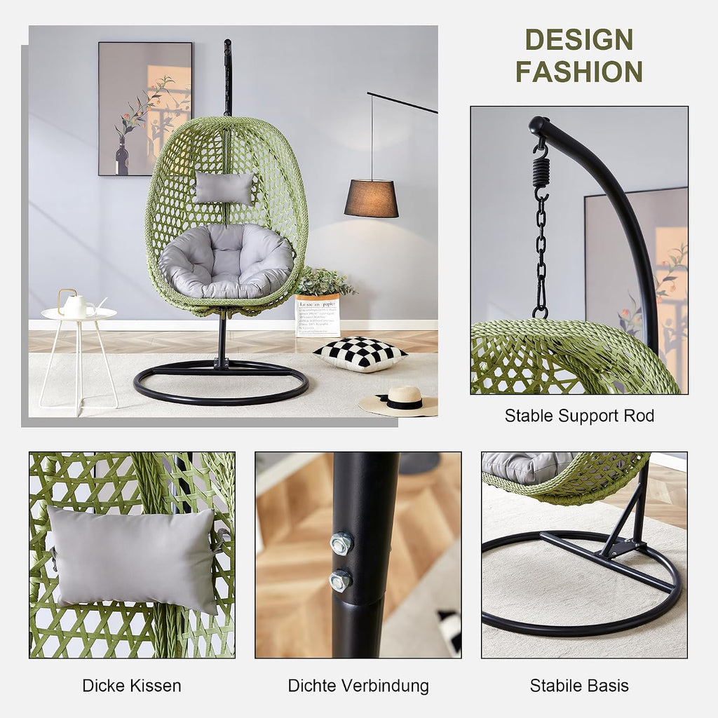 Egg Swing Chair Outdoor with Stand, Hanging Egg Rattan Basket Chair with Cushion and Pillow, Lounge Chair, Foldable Basket and Metal Stand for Porch, Patio, Bedroom, Balcony,Yard (Green)