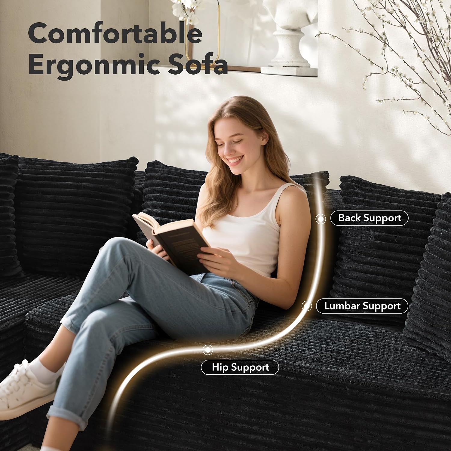 Modular Sectional Sofa Cloud Sectional Couch, 106' Comfy L Shaped Black Couches for Living Room,Oversized Sofa Sleeper with Deep Seat, No Assembly Required