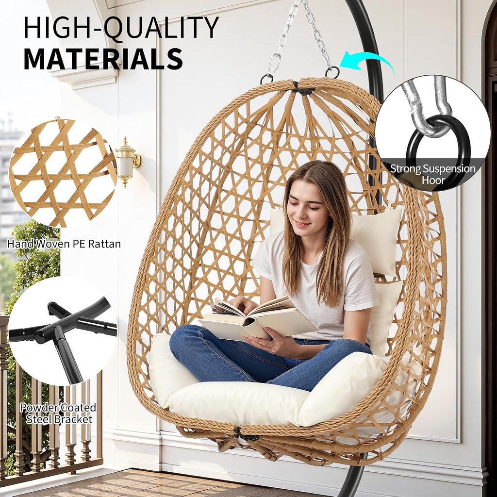 LEX CRAFT Egg Chair with Stand, Patio Wicker Hanging Chair, Hammock Swing Chair, 350LBS Capacity for Bedroom, Balcony, Garden (YE-BE)