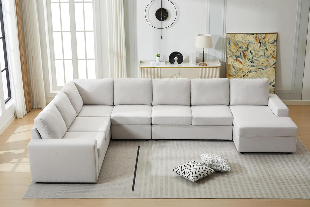 Ball & Cast 147' L-Shaped Sectional Couch for Living Room with Reversible Chaise & Removable Back Cushions,7 Seat Linen Upholstered Convertible Sectional Sofa Set,DIY Combination,for Home,Office,Beige