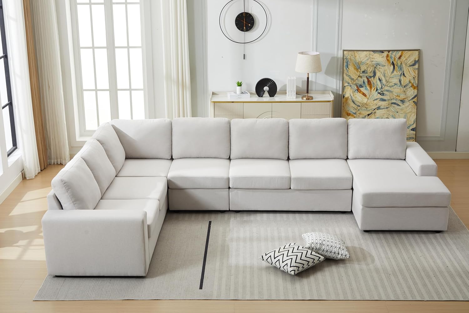 Ball & Cast 147' L-Shaped Sectional Couch for Living Room with Reversible Chaise & Removable Back Cushions,7 Seat Linen Upholstered Convertible Sectional Sofa Set,DIY Combination,for Home,Office,Beige