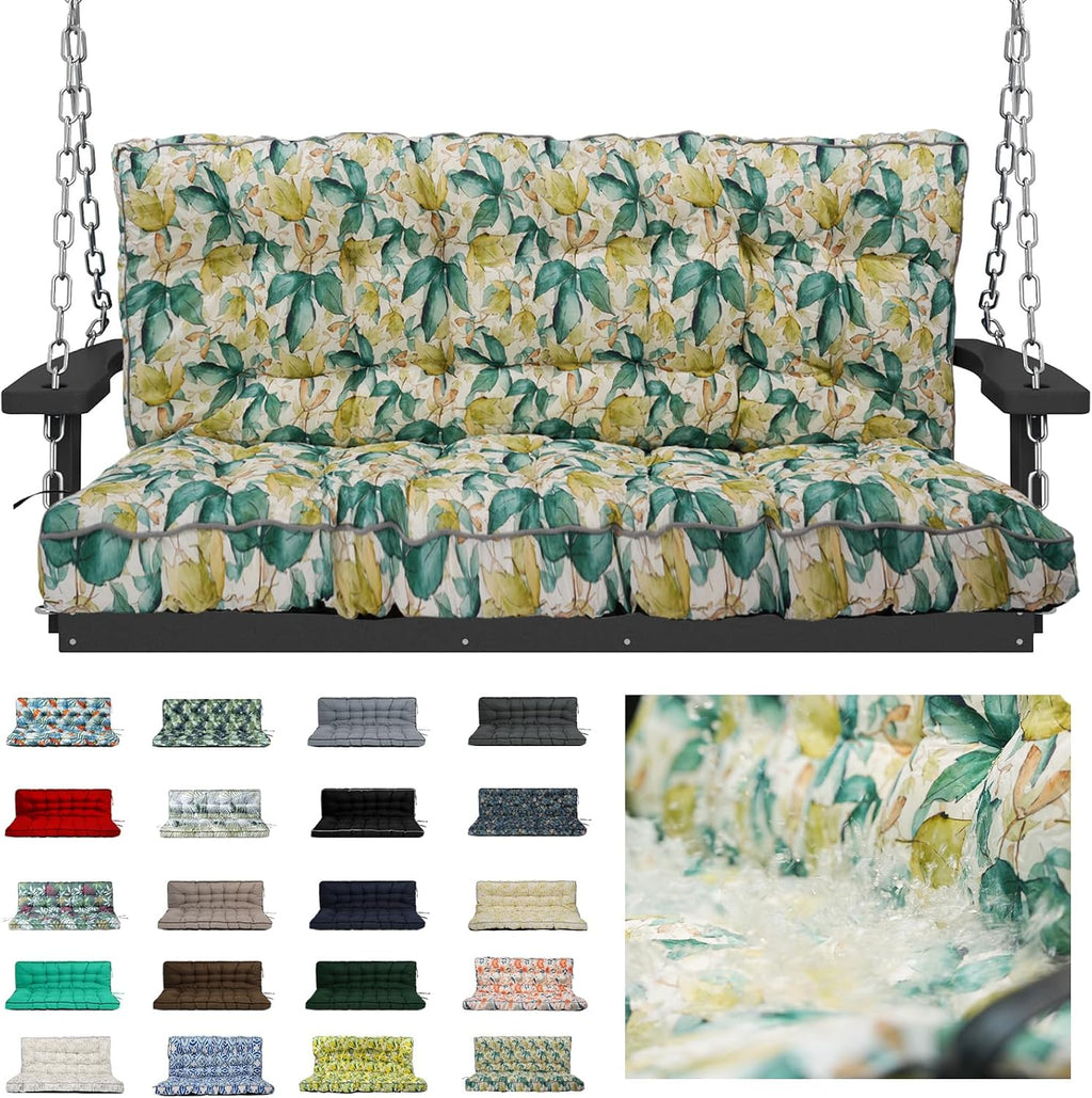 Waterproof Porch Swing Cushion Replacement, 2–3 Seat Swing Seat Cushion with Backrest & Ties, Thick Outdoor Bench Cushion for Patio Garden Porch (Clover, 40 x 63in)