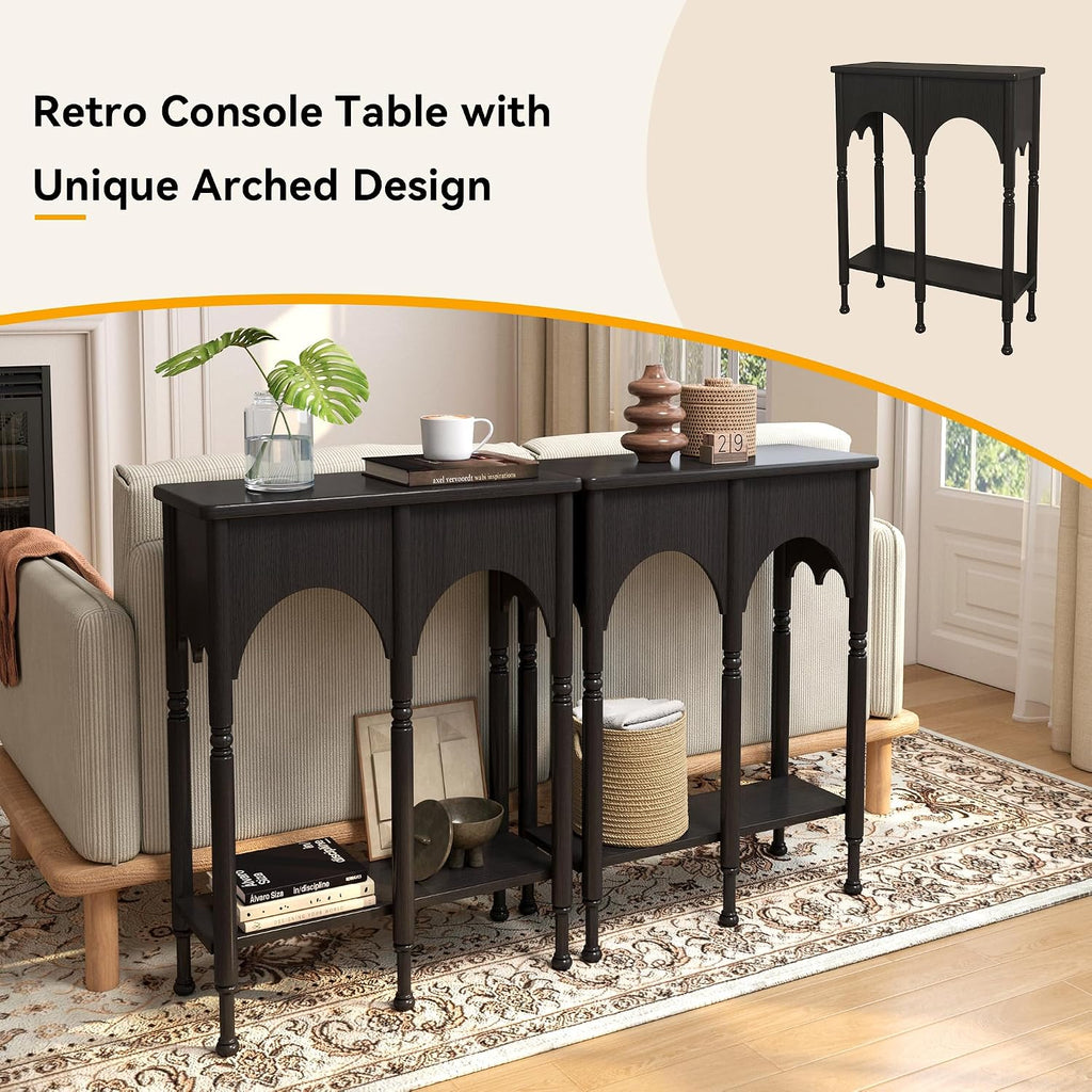 Console Table with Storage Shelf Set of 2, Retro Modern 2-Tier Entryway Table, Narrow Sofa Table with Roman-Style Legs for Living Room, Hallway, Black