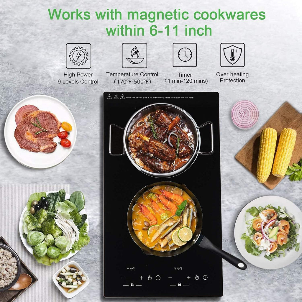 Double Induction Cooktop, WABK 2300W 2 burner Induction Cooker Cooktop, 110V Countertop & Built-in Electric Cooktop with Hot Plate, LED Touch Screen & 9 Power Levels, 2-Hour Timer and Child Lock
