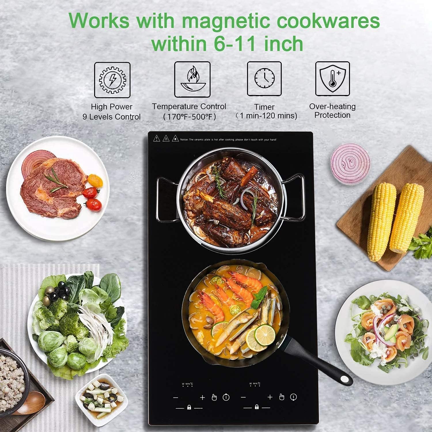 Double Induction Cooktop, WABK 2300W 2 burner Induction Cooker Cooktop, 110V Countertop & Built-in Electric Cooktop with Hot Plate, LED Touch Screen & 9 Power Levels, 2-Hour Timer and Child Lock