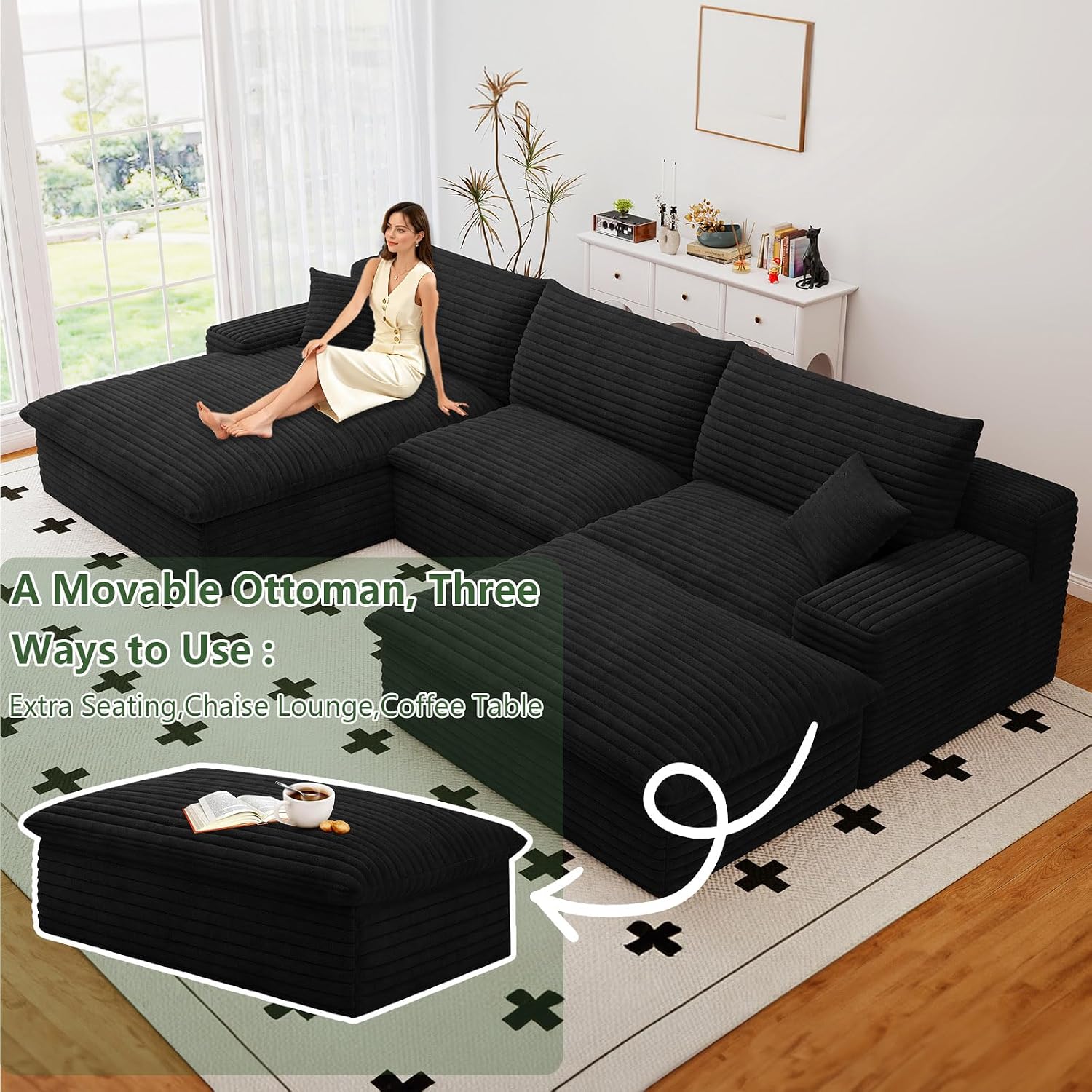 107' Cloud Couch Modular Sectional Sofa for Living Room, U-Shape Boneless Couch with Deep Seat, Modern Corduroy 3-Seater with Ottoman, No Assembly Required (Black,Left-Facing Chaise)