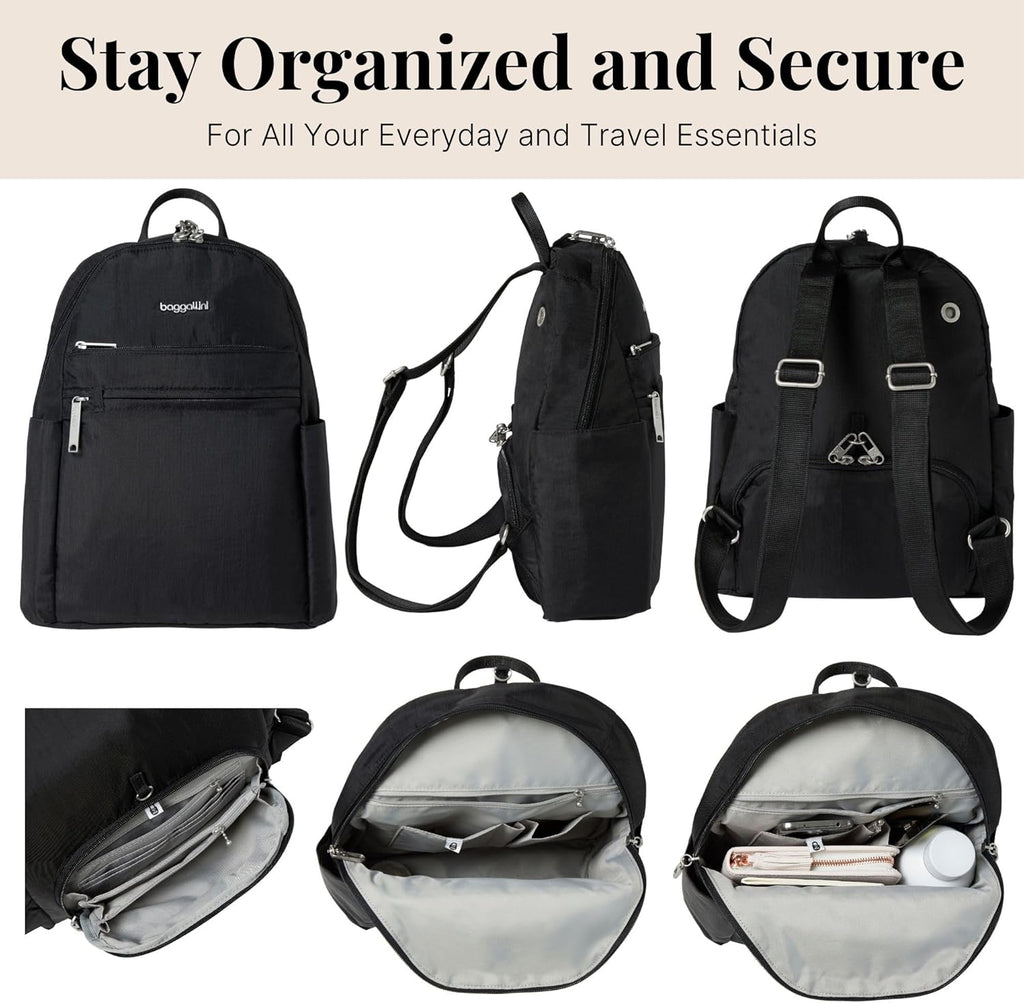 Baggallini Securtex® Anti-theft Vacation Travel Backpack 10x13 Slash-Resistant Nylon Daypack w/RFID, Black