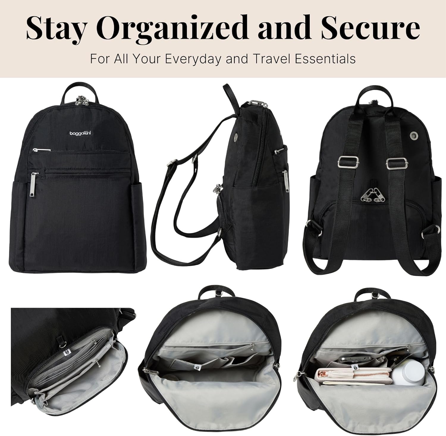 Baggallini Securtex® Anti-theft Vacation Travel Backpack 10x13 Slash-Resistant Nylon Daypack w/RFID, Black