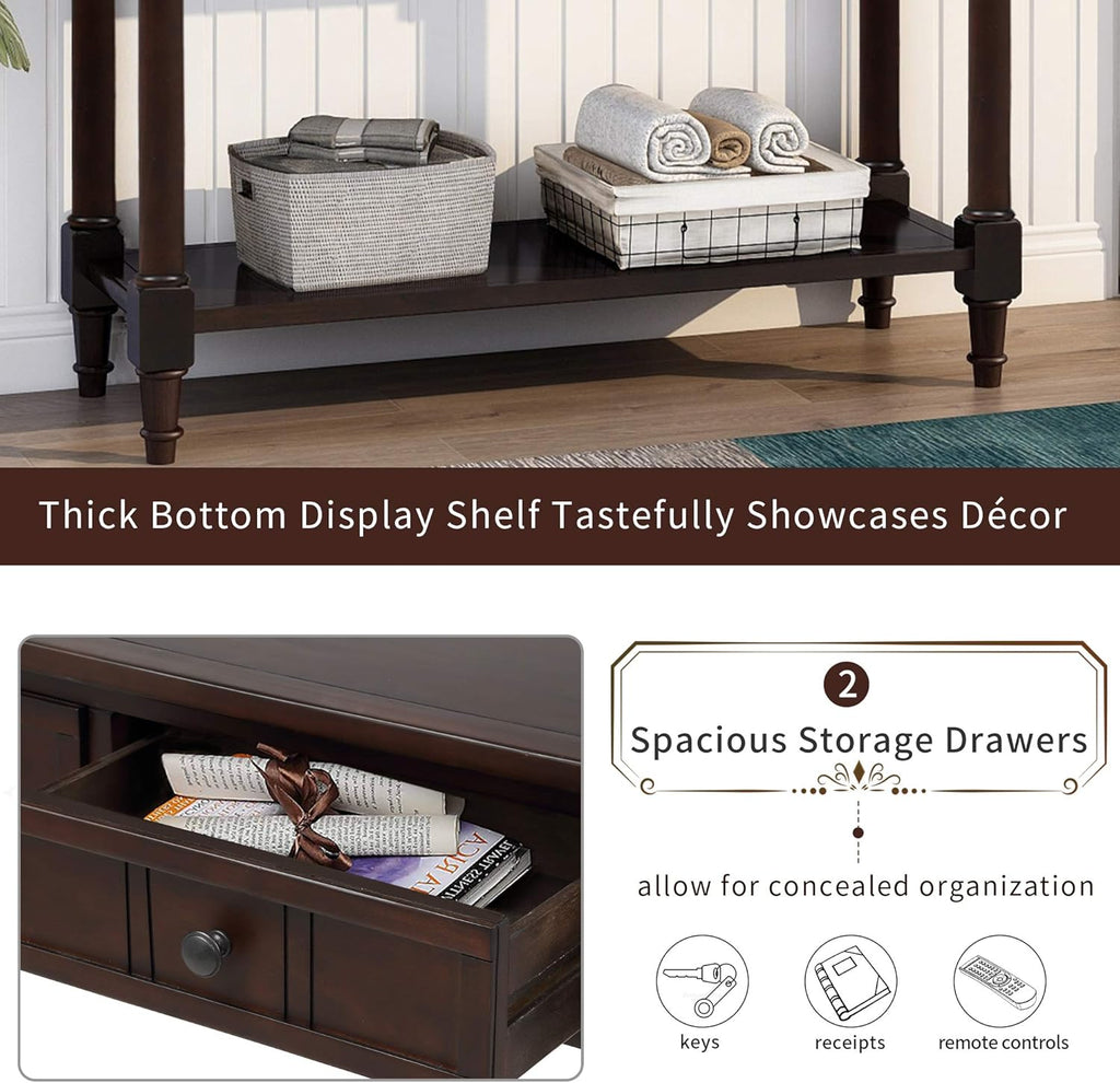 Bellemave Console Table with Drawers, Retro Entryway Table with 2 Drawers and Open Storage Shelf, Narrow Long Sofa Table, Behind Couch Table for Living Room, Foyer and Hallway,Espresso