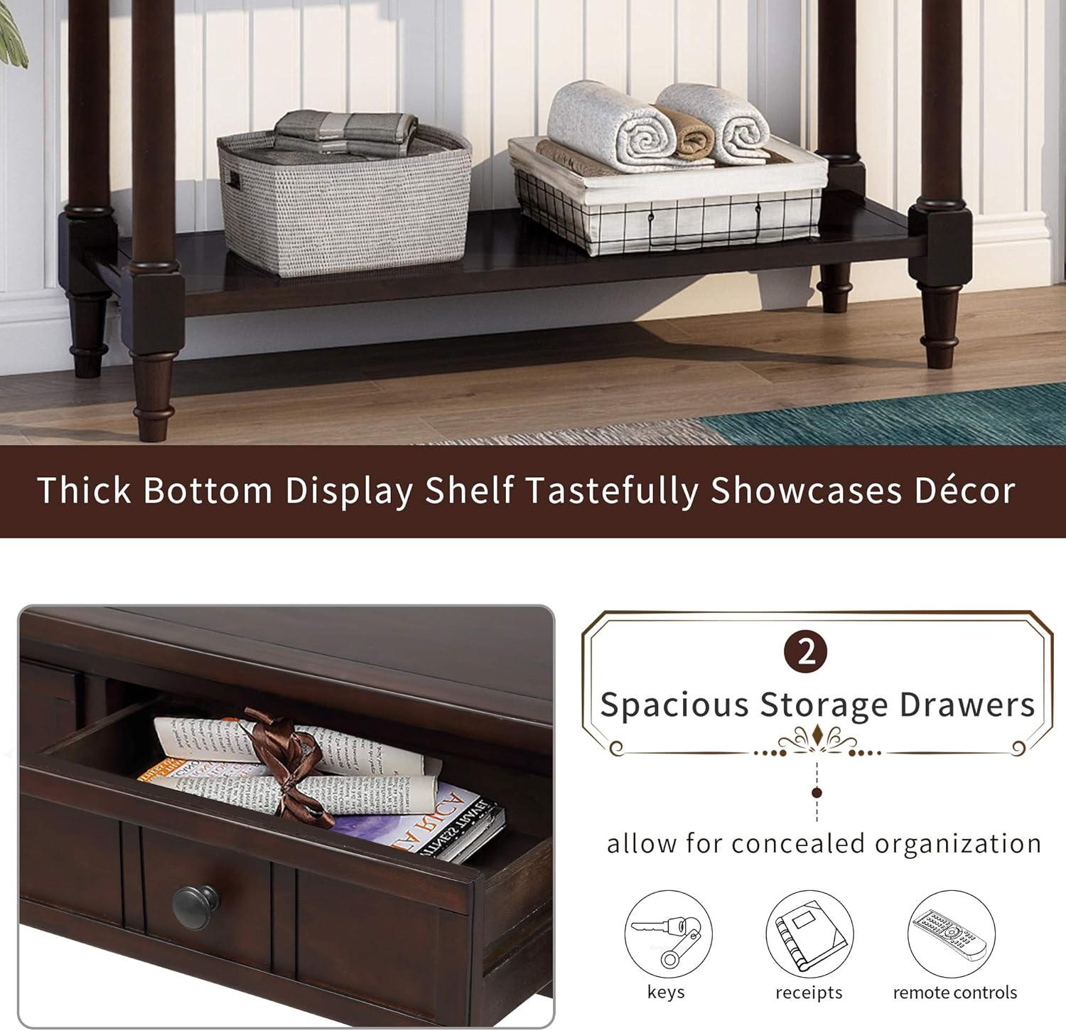 Bellemave Console Table with Drawers, Retro Entryway Table with 2 Drawers and Open Storage Shelf, Narrow Long Sofa Table, Behind Couch Table for Living Room, Foyer and Hallway,Espresso