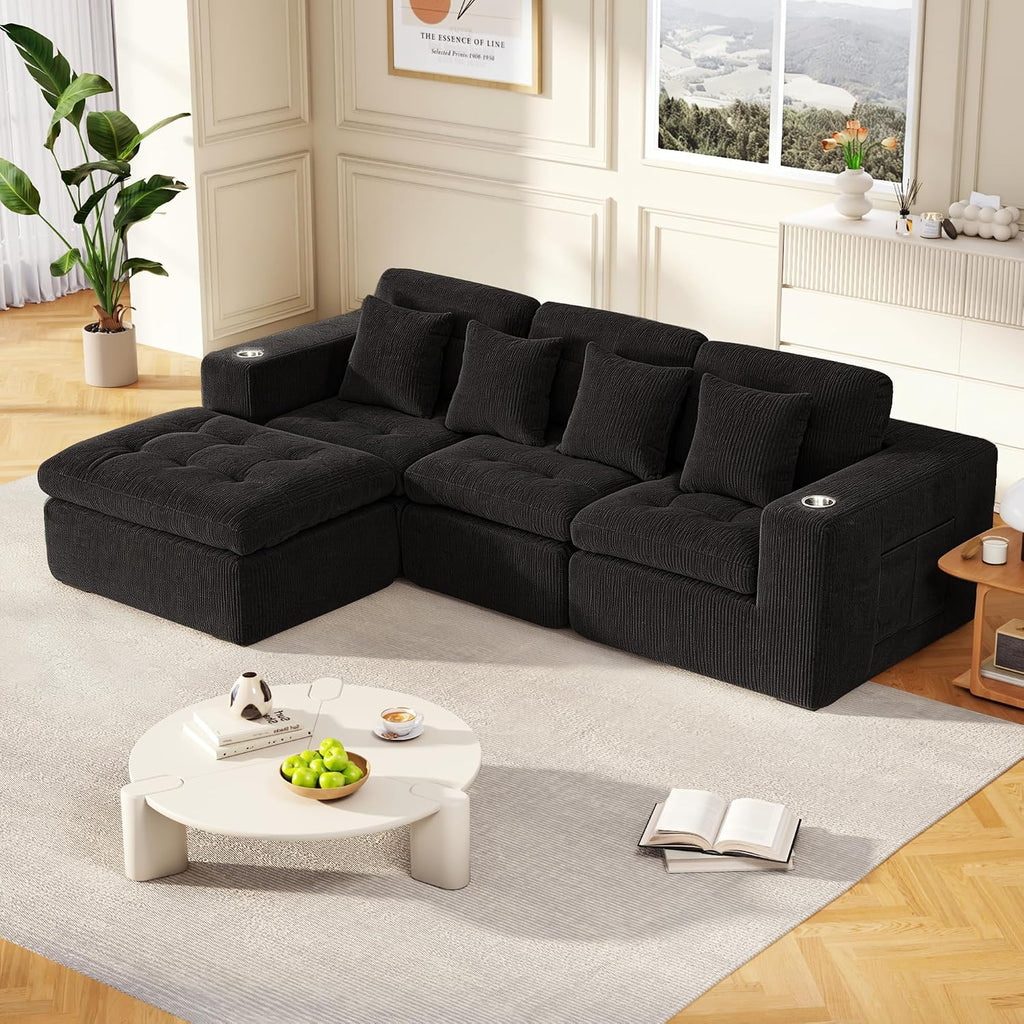 105' Modular Sectional Sofa, Cloud Sectional Couch with Deep Seat, Modern Corduroy Comfy L Shaped Couch with Chaise, Boneless Couches for Living Room Bedroom (Matte Black) | Cloud Sectional, Deep Seat, Corduroy, L Shaped with Chaise, Boneless Design