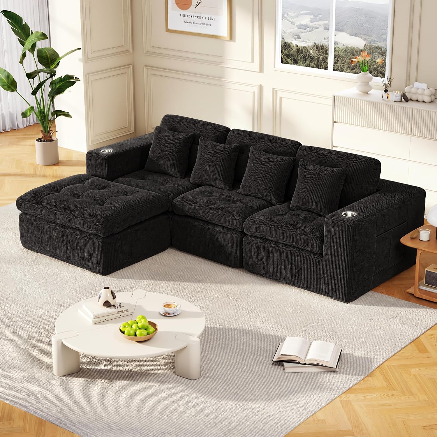 105' Modular Sectional Sofa, Cloud Sectional Couch with Deep Seat, Modern Corduroy Comfy L Shaped Couch with Chaise, Boneless Couches for Living Room Bedroom (Matte Black) | Cloud Sectional, Deep Seat, Corduroy, L Shaped with Chaise, Boneless Design