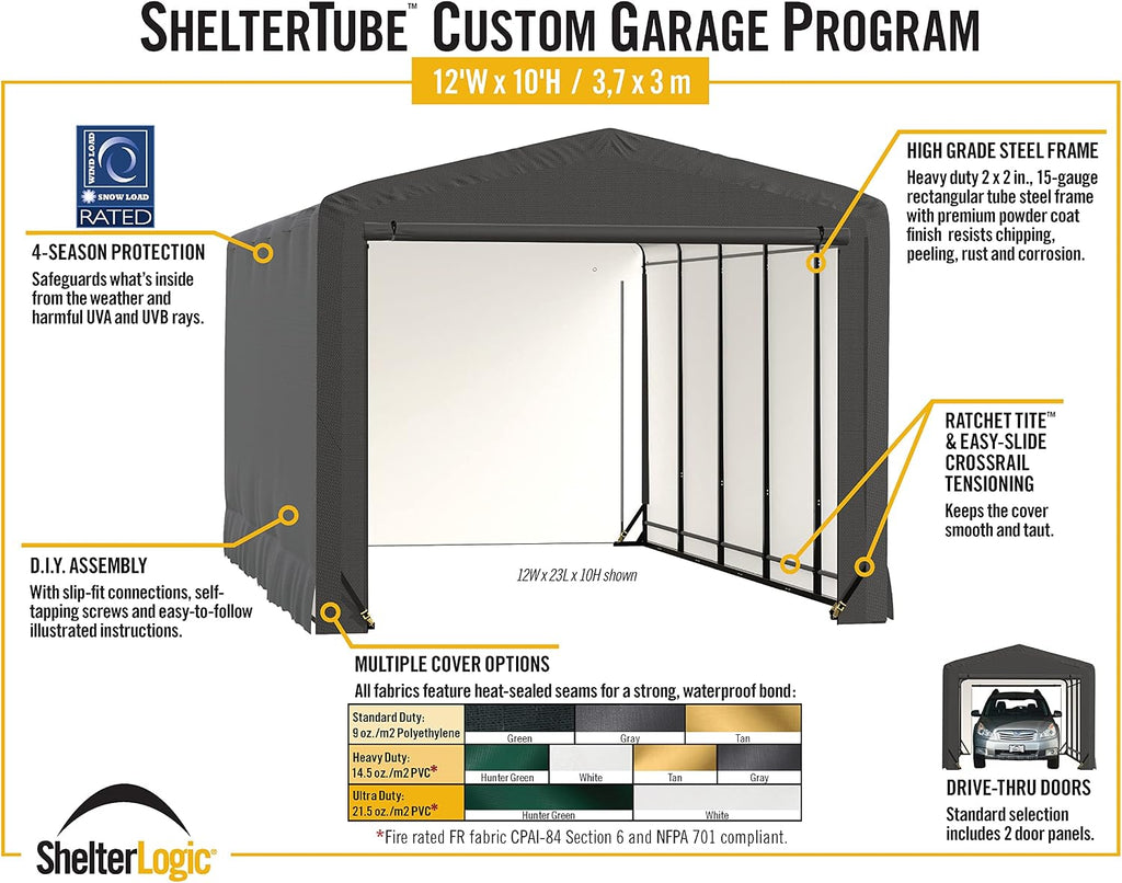 ShelterLogic ShelterTube Garage & Storage Shelter, 12' x 18' x 10' Heavy-Duty Steel Frame Wind and Snow-Load Rated Enclosure, Gray